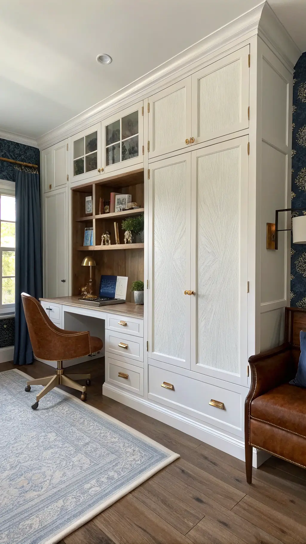 Low-angle shot of a 7x9ft room with floor-to-ceiling built-ins, a murphy bed with an integrated desk in weathered oak, brass hardware on navy grasscloth wallpaper, and a vintage leather chair in the corner, highlighted by morning light.