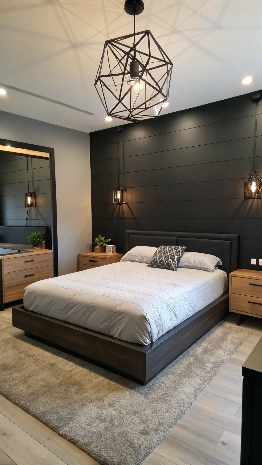 Minimalist designed 8x11ft room featuring a matte black platform bed with hidden storage, charcoal accent wall, geometric pendant light, white oak floating nightstands, and a slim floor mirror.