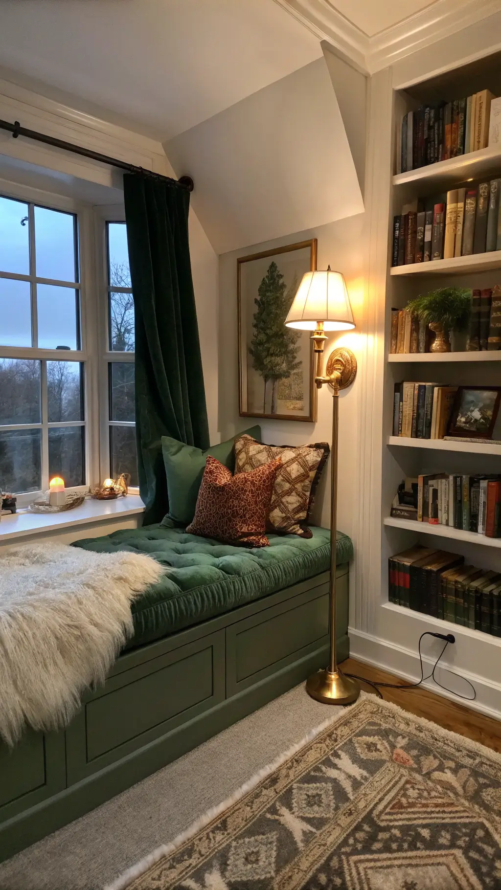 Dutch angle view of a cozy 6x8ft reading nook at dusk with a forest green velvet window seat adorned with faux fur throws and embroidered cushions, a brass floor lamp, and a built-in bookshelf with antiqued mirror backing in moody lighting.