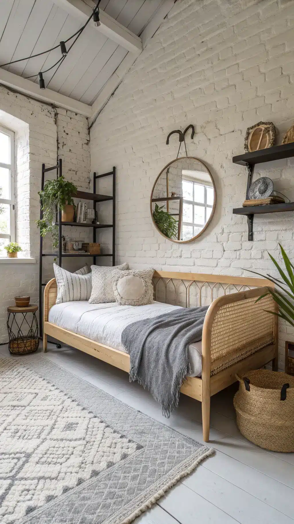 Scandinavian styled room with pale pine daybed, whitewashed brick wall, minimalist decor on black metal shelving, and sheepskin throws on gray linen bedding in morning light.