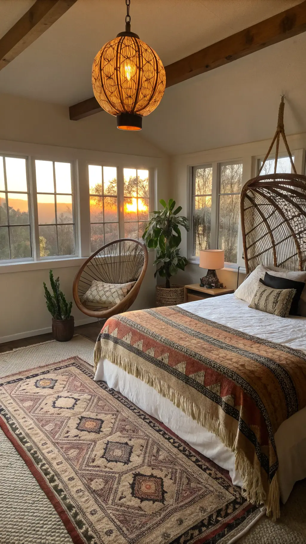 Bohemian style 8x9ft bedroom featuring a low profile bed with vintage Moroccan blanket, hanging rattan chair, Turkish rugs, a potted monstera and a warm amber glass pendant light during sunset.