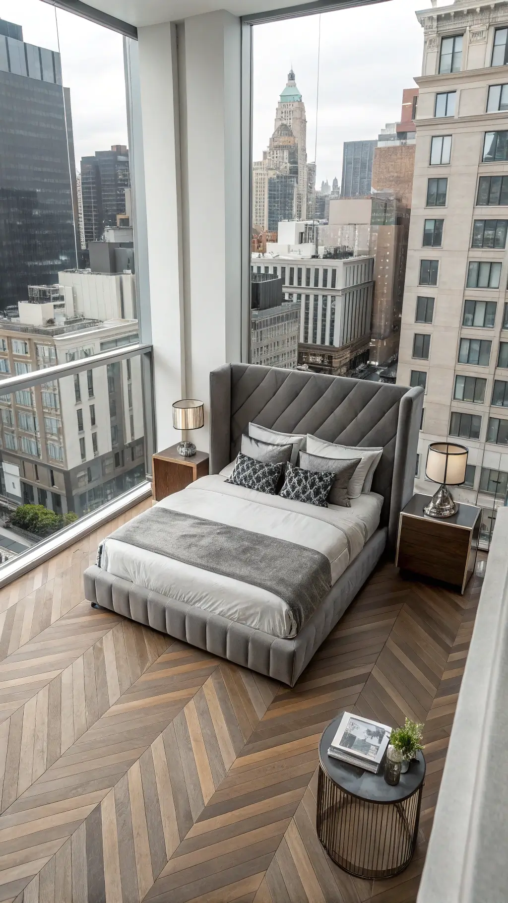 Bird's eye view of a modern, sophisticated urban bedroom featuring a queen bed with slate velvet headboard, lucite side tables, chrome task lamps and abstract black-and-white photography on herringbone wood floor.