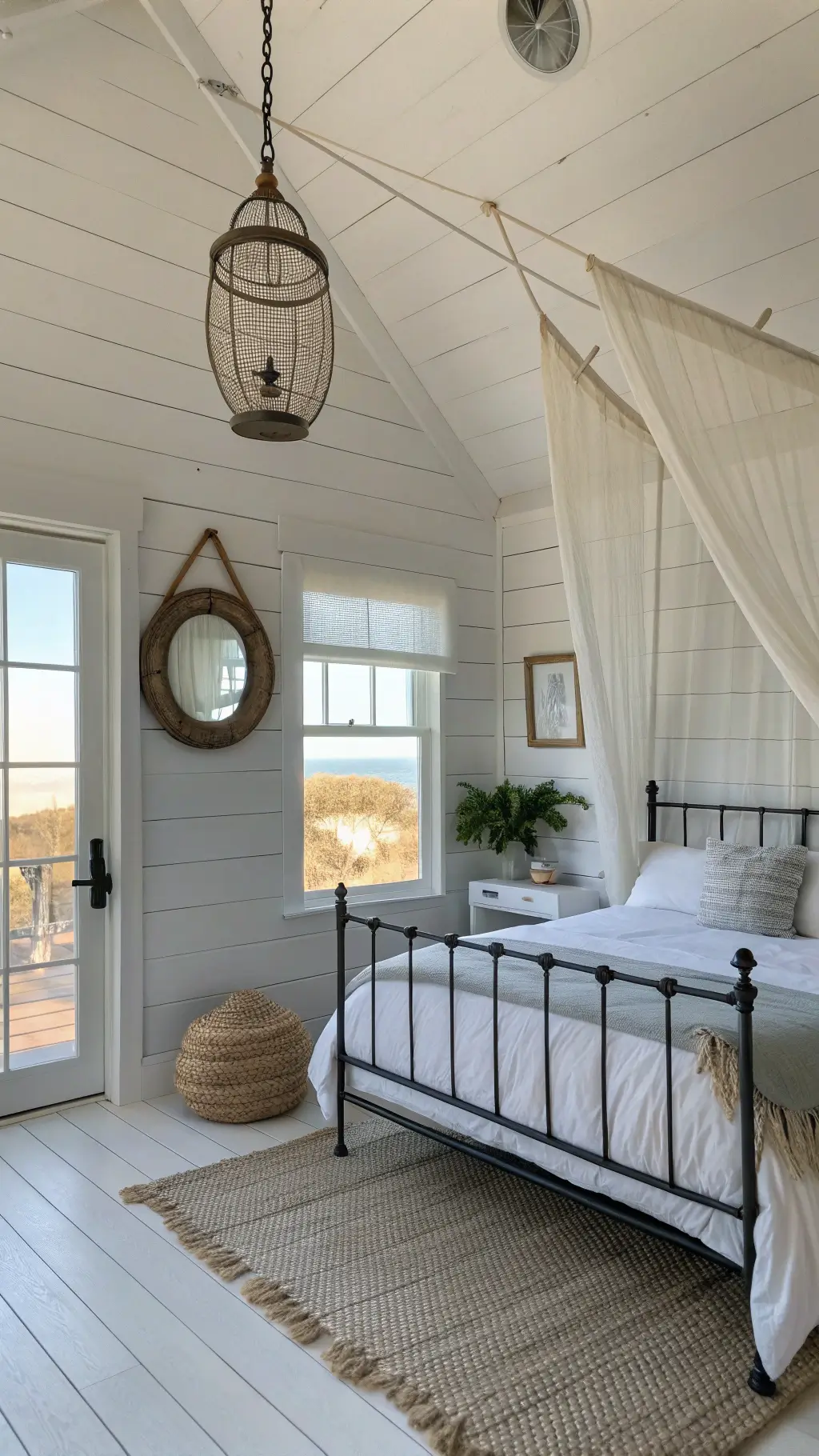 Front view of a cozy 7x12ft room at dawn with shiplap walls, iron bed with gauzy canopy, driftwood mirror, and sea glass collection, styled with beach theme and bathed in ethereal morning light.