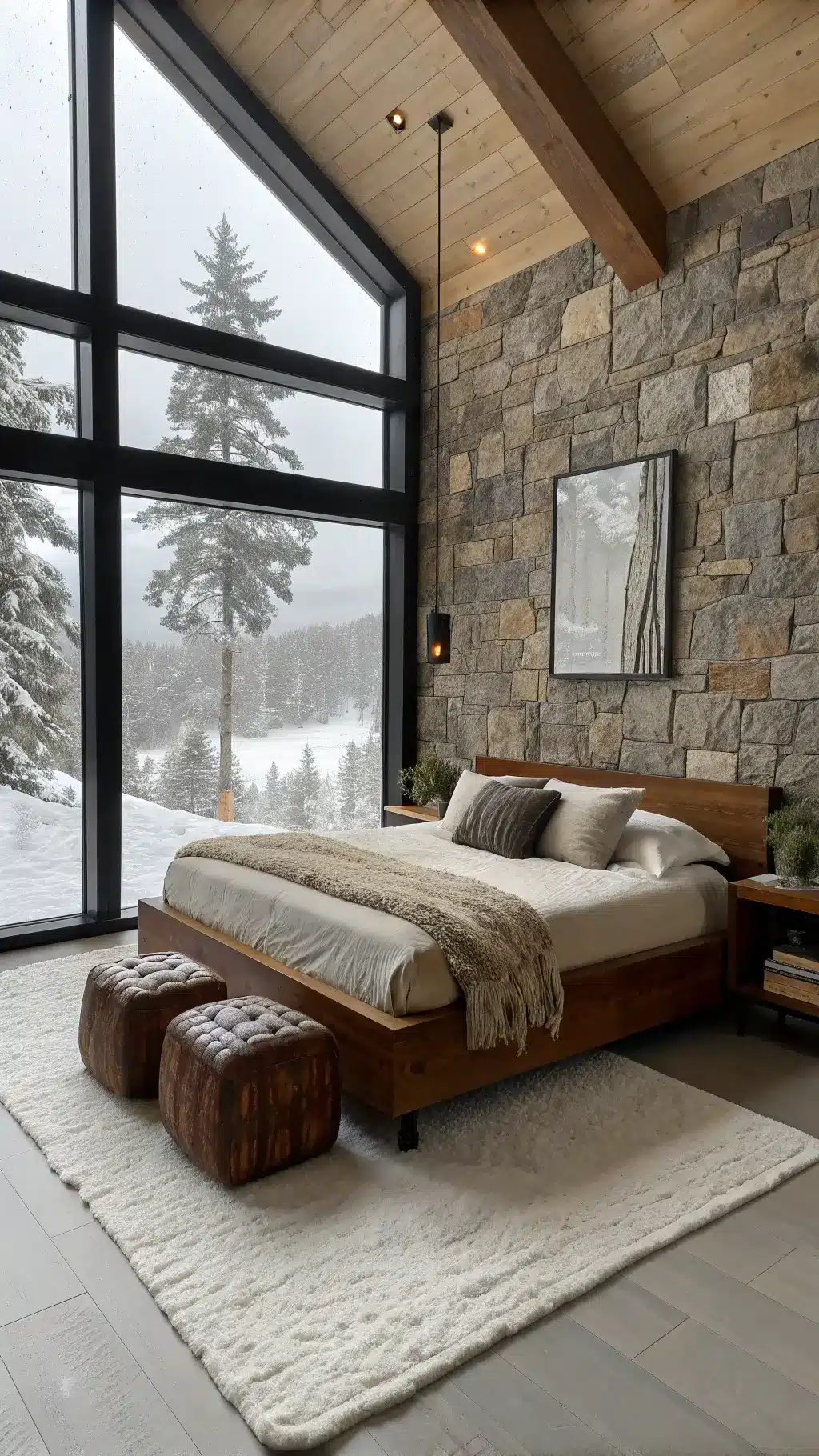 Modern mountain cabin interior with walnut platform bed, stone accent wall, chunky knit throws, leather poufs, and black metal accents; panoramic window overlooking snowy vista in natural light and shadow.