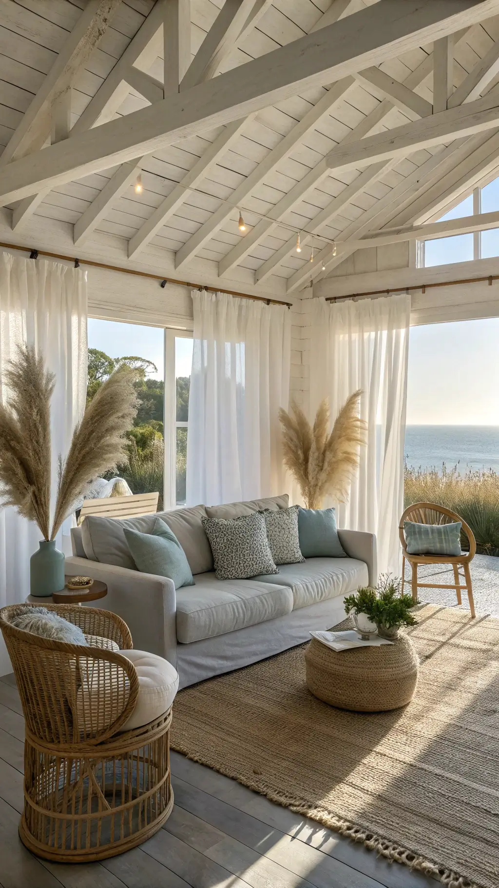 Light-filled Bohemian retreat with white wooden beams, dove grey velvet sofa, woven rattan chairs, vintage brass tables, and a bleached jute rug. The room is adorned with ceramic vases holding pampas grass and textured throw pillows in sand, ivory and pale blue tones.