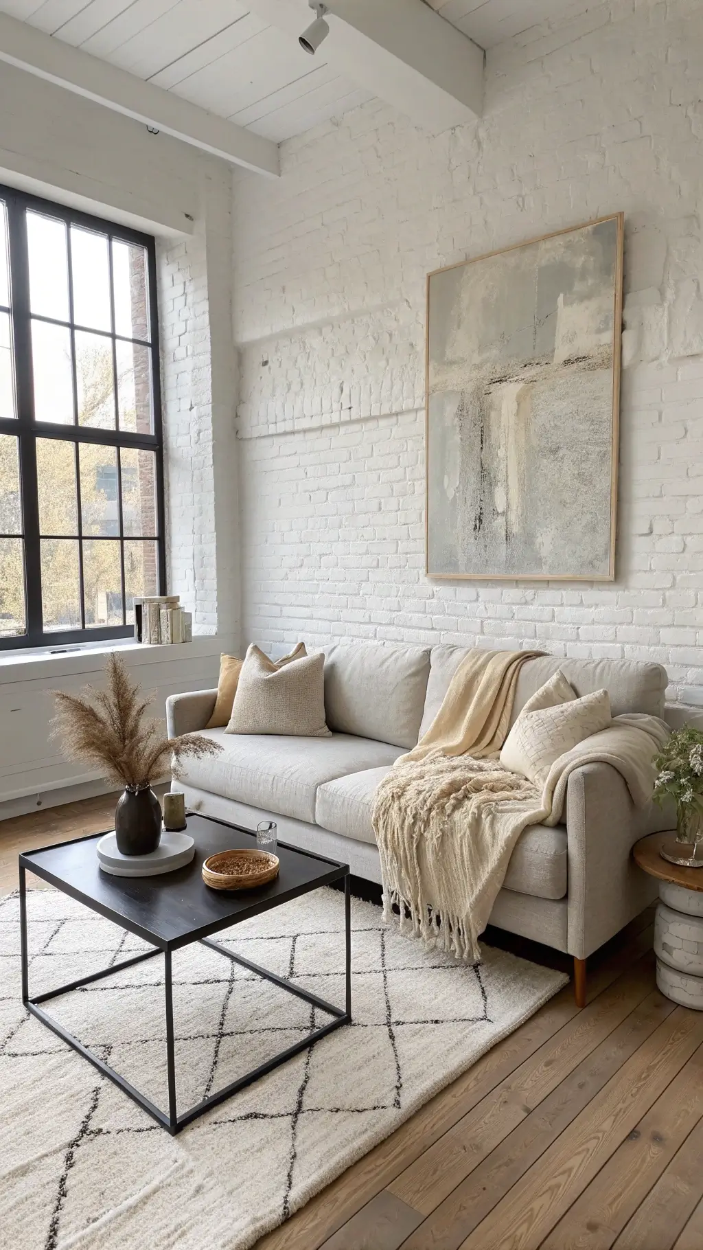 Bright and serene Scandinavian-inspired 16x20ft room with pale oak floors, white-painted brick walls, a light grey bouclé sofa dressed in cream and tan linens, minimalist black metal coffee table with ceramics, oversized abstract canvas in muted tones, and sheepskin throws with handwoven pillows shot with wide-angle lens.