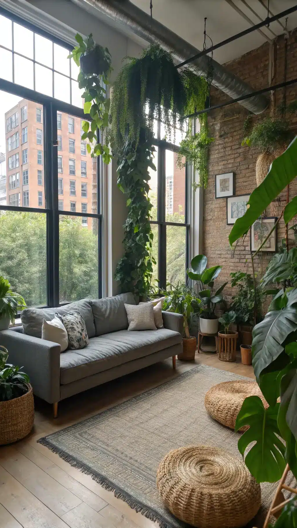 Bright and airy 18x20ft corner apartment with large industrial windows, adorned with tropical plants, hanging vines, botanical prints, rattan accents, and bamboo screens with a fog grey performance fabric sofa in afternoon light, shot through foliage for an organic frame.