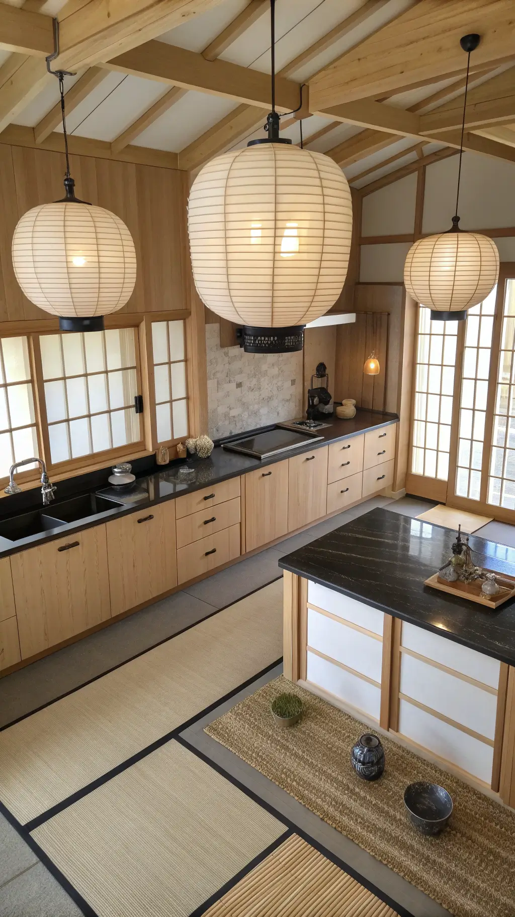 High-angle view of a 10x16ft Japanese minimalist kitchen with light maple cabinets, black stone counters, bamboo accents, and paper lantern pendant lights, along with a traditional tea preparation area on a tatami mat.
