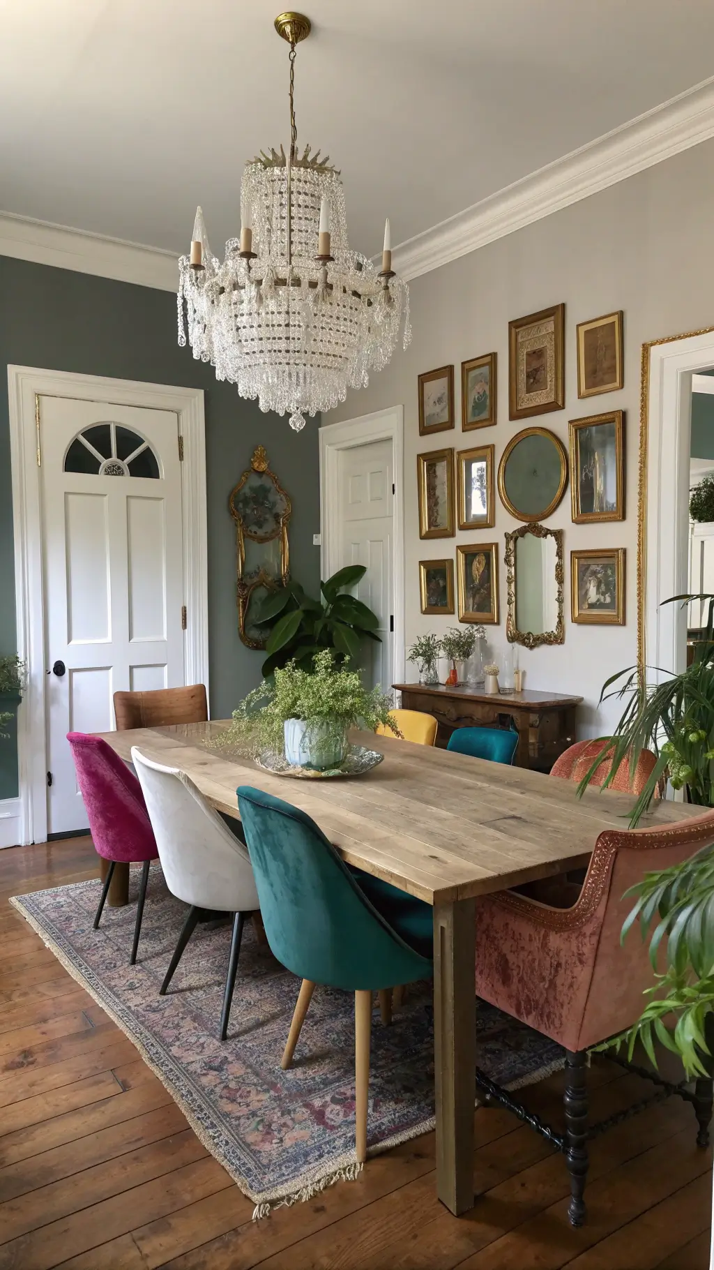 Eclectic dining room with gold-framed mirror gallery wall, jewel-toned vintage chairs around a weathered farm table, crystal chandelier draped in fairy lights, potted plants in brass stands, and original crown molding.