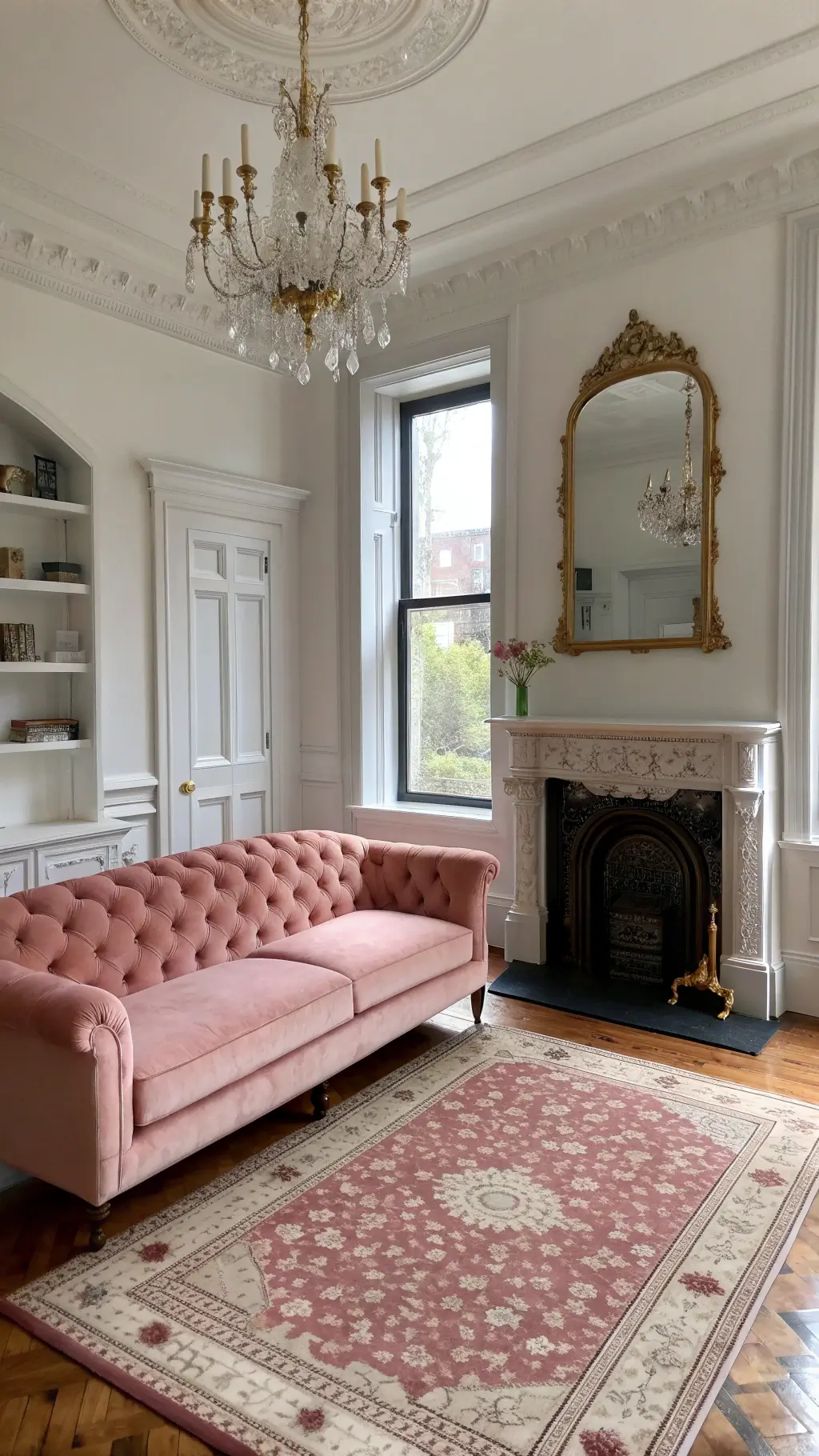 Victorian-Modern Fusion Room featuring rose pink tufted sofa, brass étagères, crystal chandelier, Persian rug, marble fireplace, and gold mirror in afternoon light.