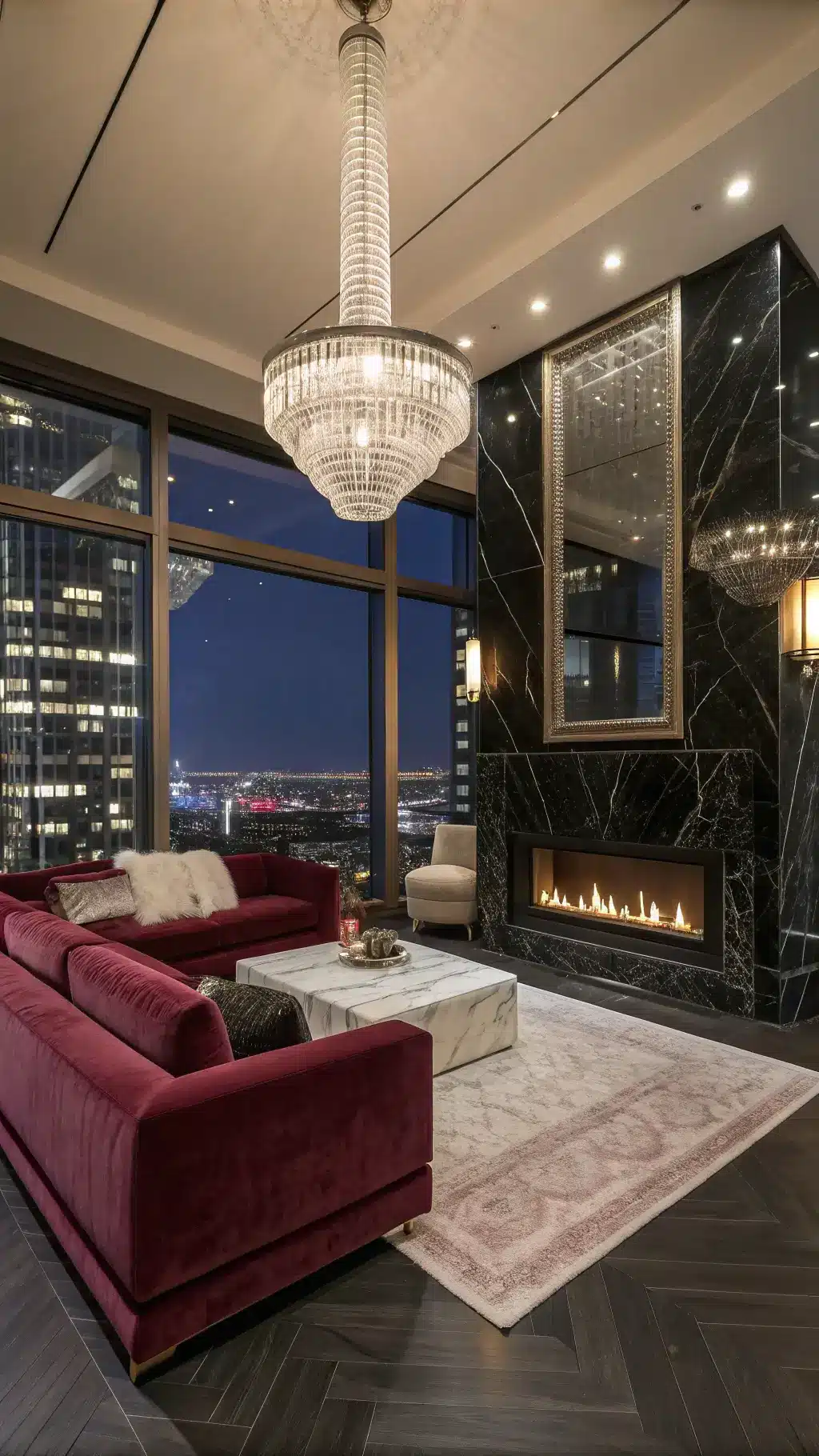 Lavishly decorated penthouse at night with rose velvet sectional, black marble fireplace, crystal chandelier, floor-to-ceiling mirrors reflecting city lights, white fur rugs on herringbone floors, under dramatic evening lighting.