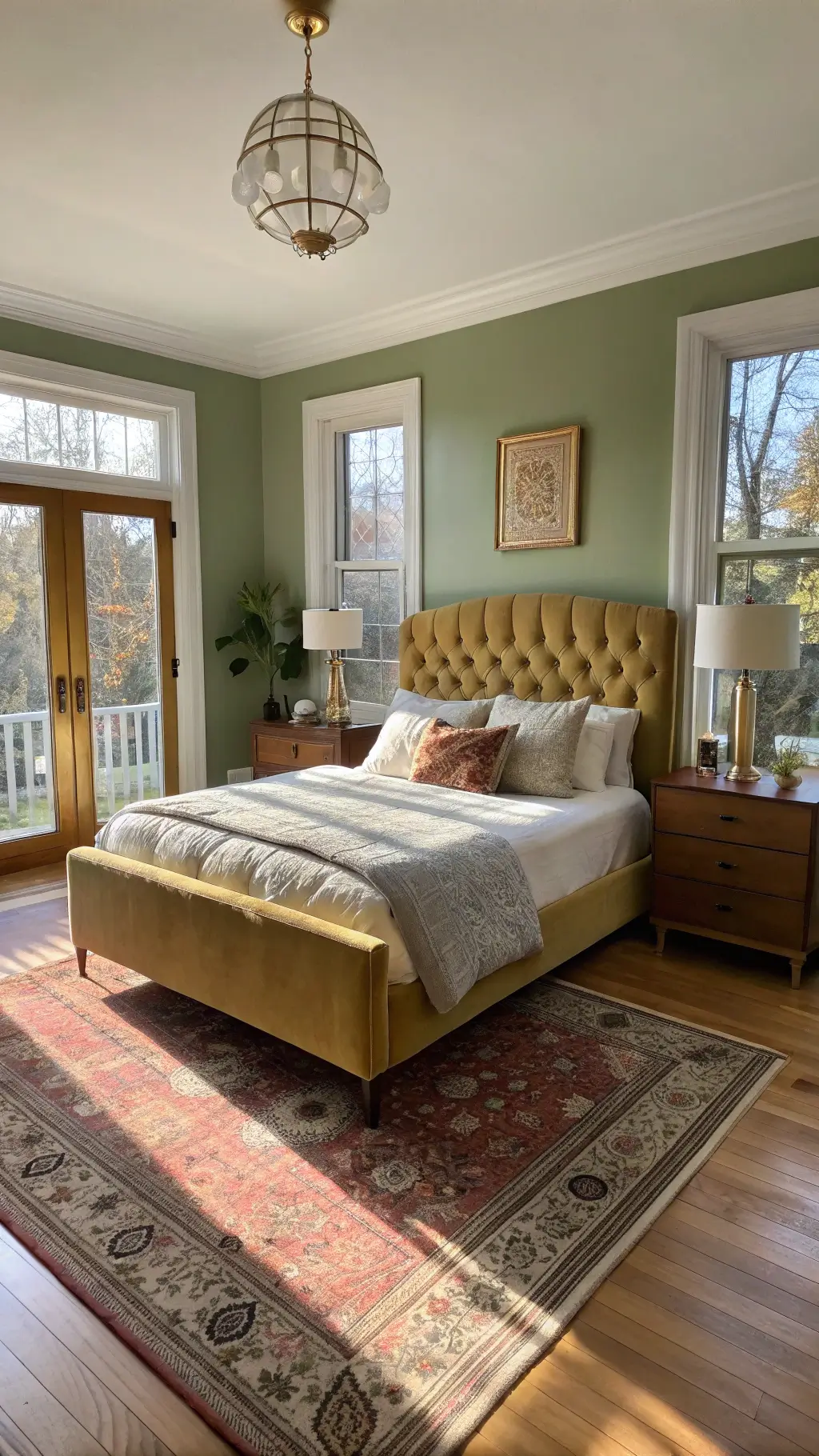 Sunlit 14x16ft bedroom featuring brass-and-velvet bed, olive green walls, hardwood floors, twin walnut nightstands with milk glass lamps, and a vintage Persian rug in coral tones at golden hour.