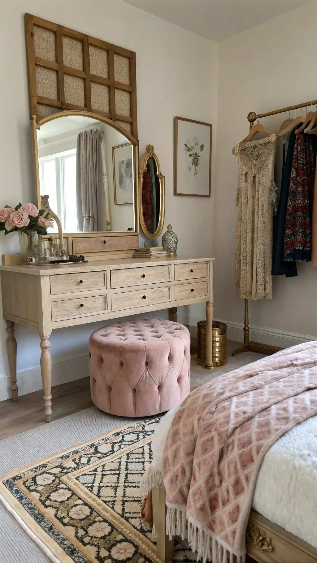 1920s restored vanity with a blush velvet stool in a 16x14ft bedroom, adorned with a Venetian mirror collection and a vintage Moroccan wedding blanket over a brass clothing rack, illuminated by soft afternoon light.
