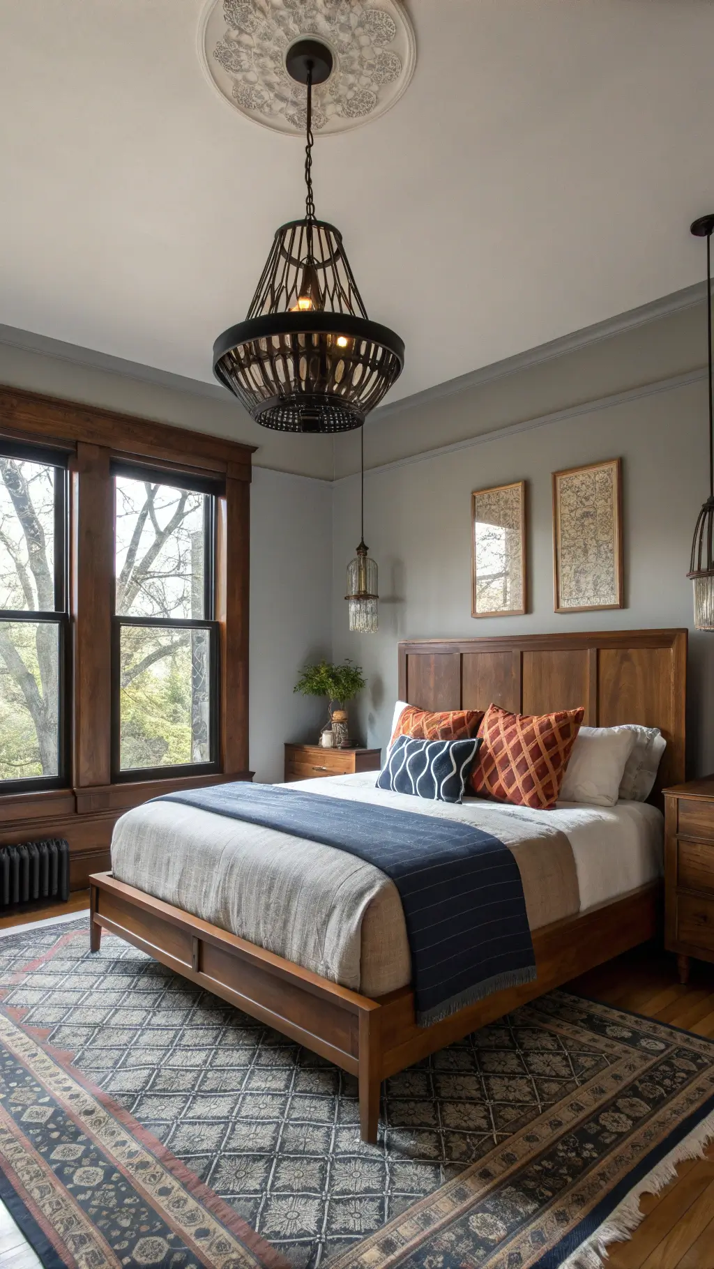 Bird's eye view of a 15x15ft bedroom blending modern and vintage elements with mid-century platform bed, antique mirrors, modernist pendants, traditional crown molding and layered vintage textiles in rust, navy and cream colors.