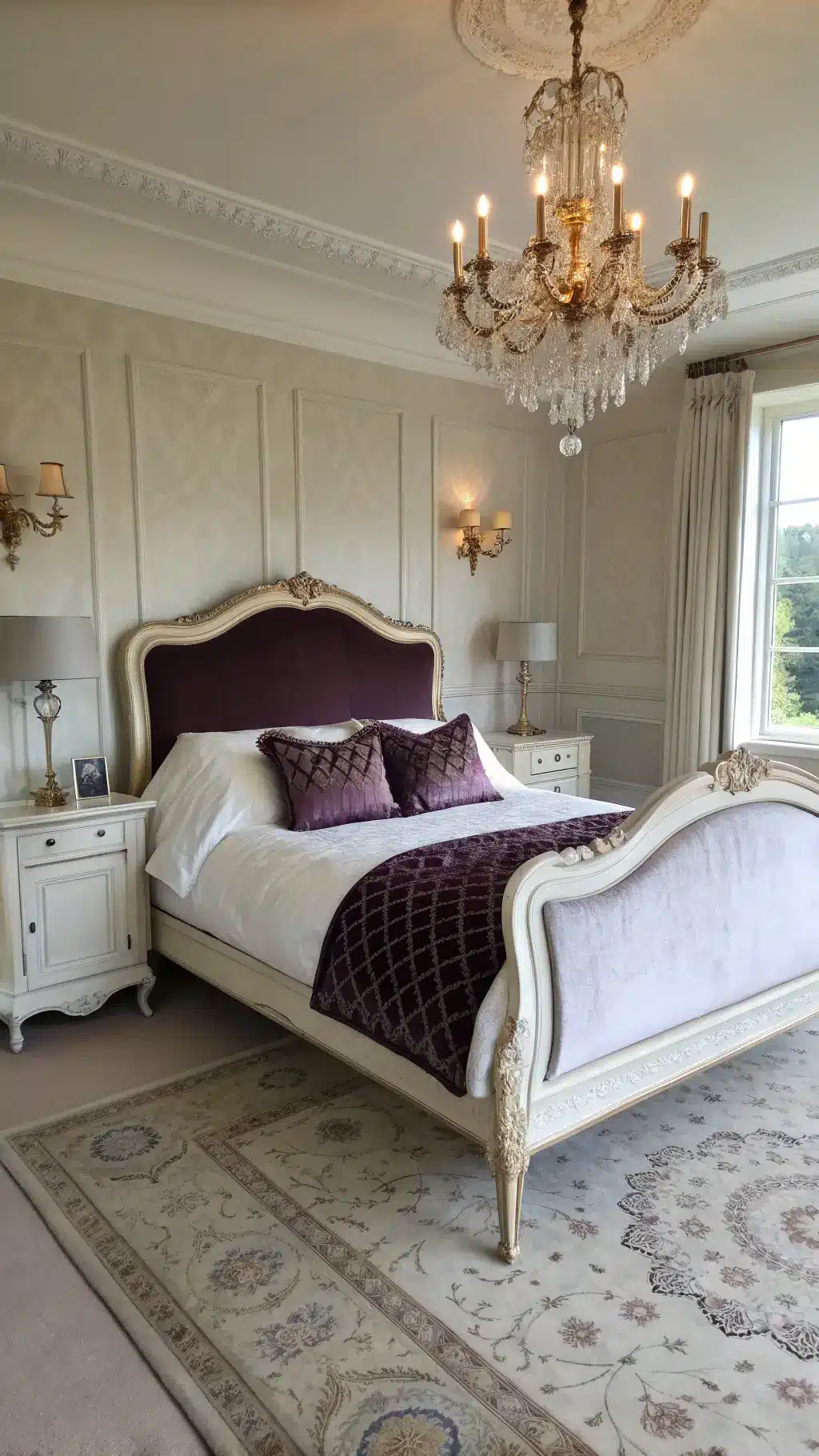 Elegant 14x17ft bedroom with chalk white antique French bed frame, aubergine velvet headboard, matching Empire-style marble-topped nightstands, and crystal and brass lighting fixtures at dawn, providing an ethereal atmosphere.