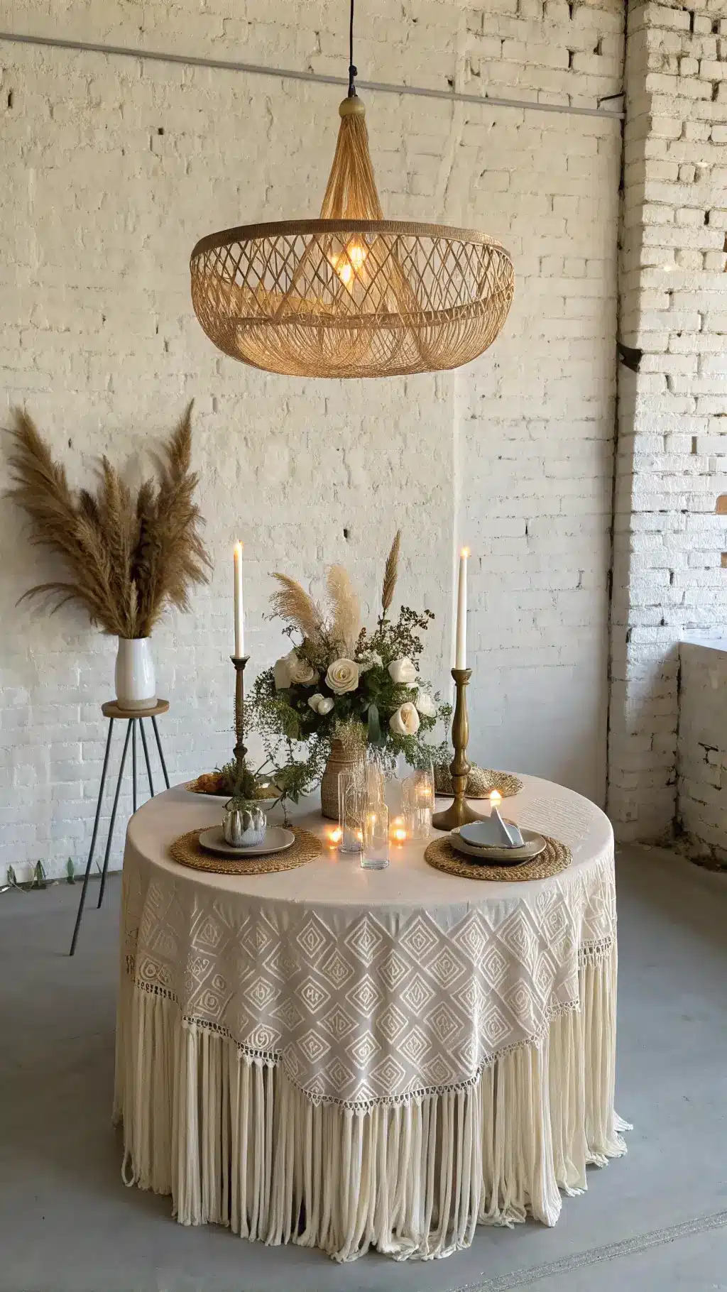 Sweetheart table with sand-colored linen and macrame runner, adorned with white dried roses and eucalyptus in a brass compote, illuminated by a rattan pendant lamp against a white brick wall.