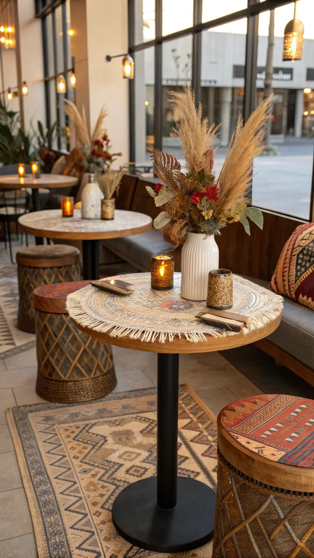 Eclectic bistro setting featuring round tables with unique textile bases and mixed centerpiece décor, bathed in warm light from colored glass votives, captured in late afternoon.