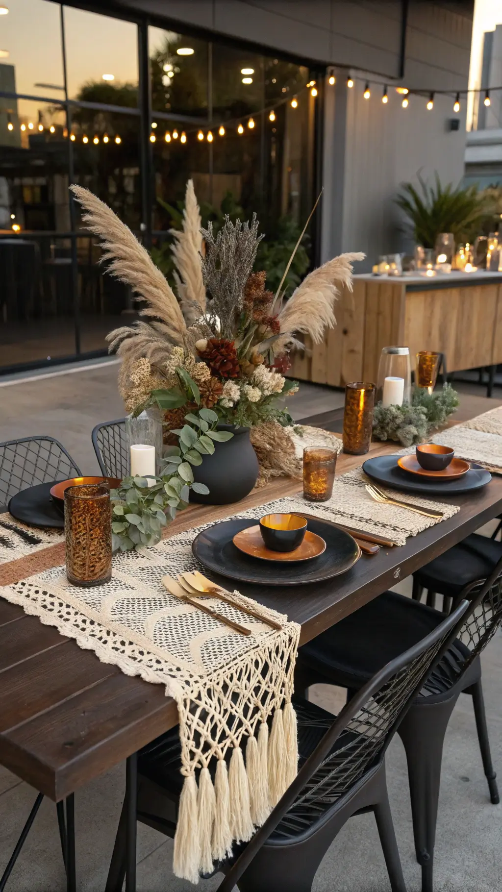 Bohemian themed dinner table featuring macramé runners, black metal vase with dried flowers, amber glass votives, and gold-rimmed plates in evening restaurant setting.