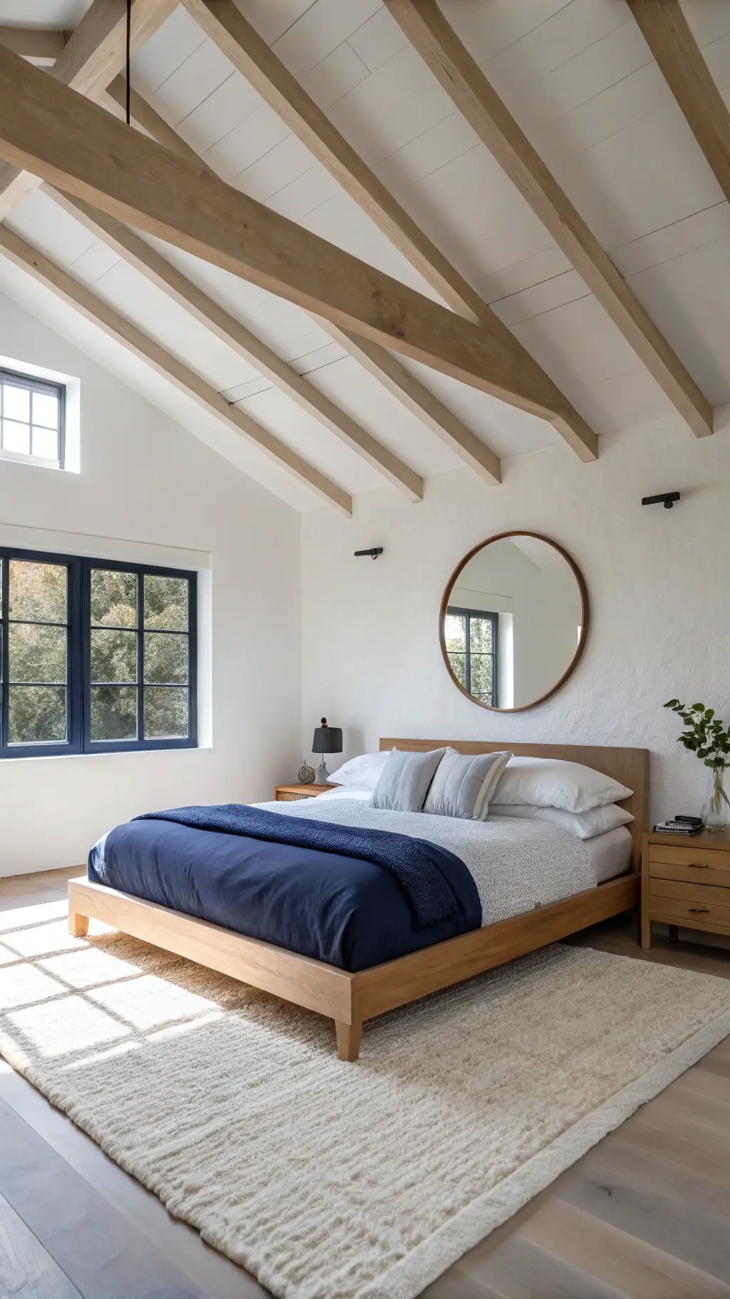 Modern minimalistic bedroom with high beam ceiling, platform oak bed with navy linen, oversized white pillows, a large round mirror, and plush cream Moroccan rug under soft morning light.