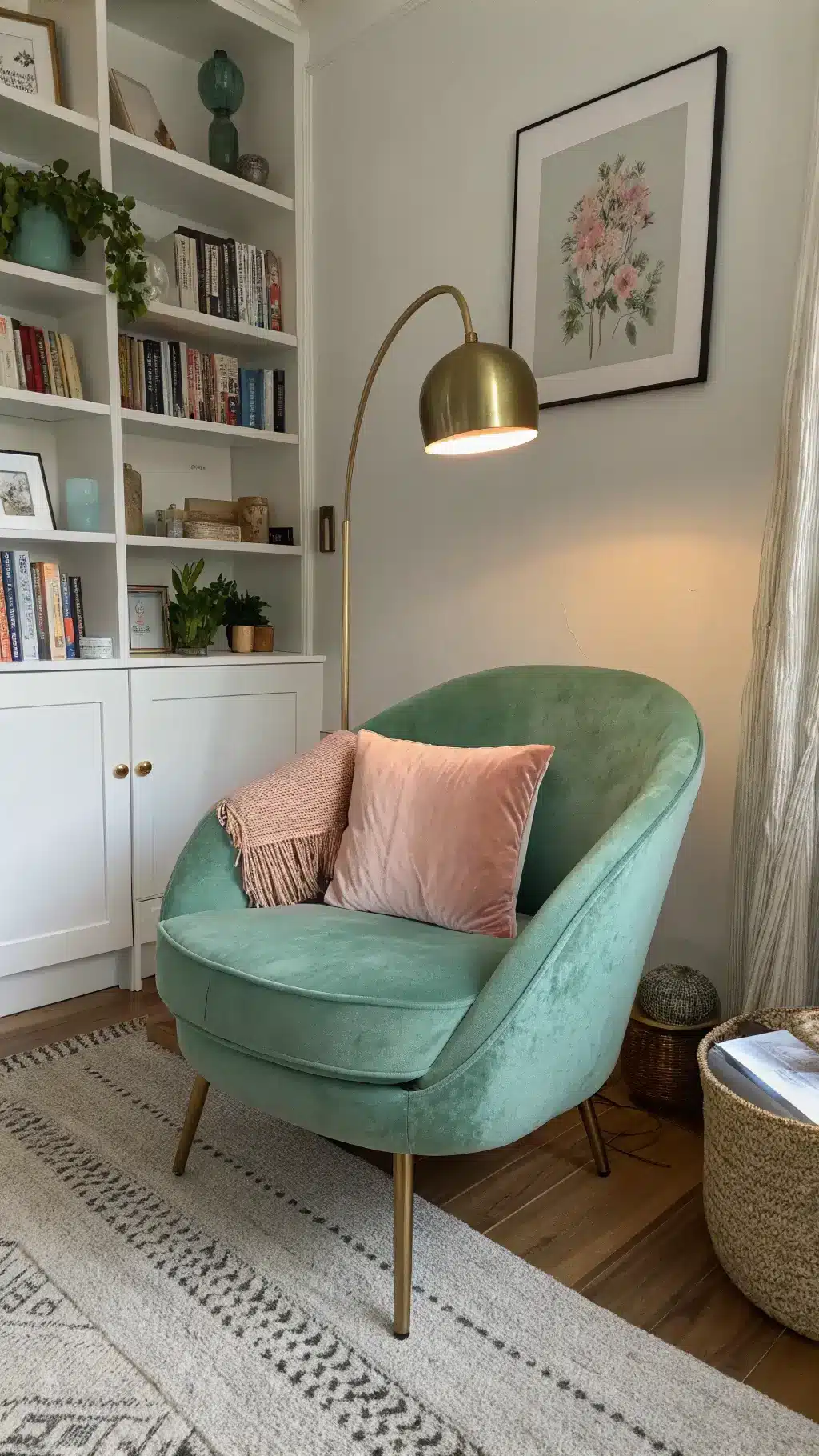 A cozy modern bedroom corner at dusk featuring a mint green reading nook with a dusty rose velvet accent chair, lit by a brass floor lamp, surrounded by white built-in bookshelves filled with art books and ceramics, and adorned with a chunky knit throw, silk cushions, and a handwoven jute rug.