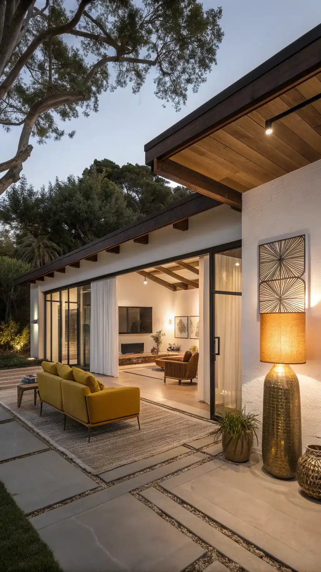 Open-concept living area in a modernist sanctuary at sunset, highlighted by white walls, exposed wooden beams, and a floating walnut media console. Mustard yellow bouclé accent chairs, a geometric brass floor lamp, and an abstract art gallery wall add character to the space. The room is filled with a warm amber glow, accentuated by sheer curtains. Woven rattan, brushed brass, and smooth ceramics provide textural elements, photographed from the entry point to emphasize spatial flow.