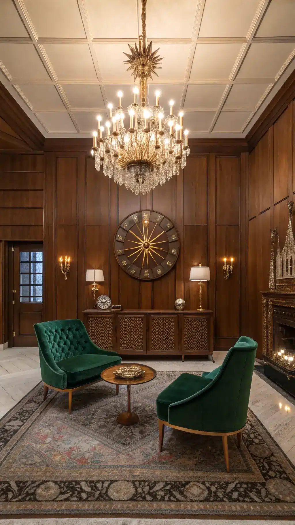 Vintage inspired 1960s-style room featuring wood paneling, Murano glass chandelier, emerald velvet armchairs, a walnut credenza with brass accents, and a wall adorned with a starburst clock collection.