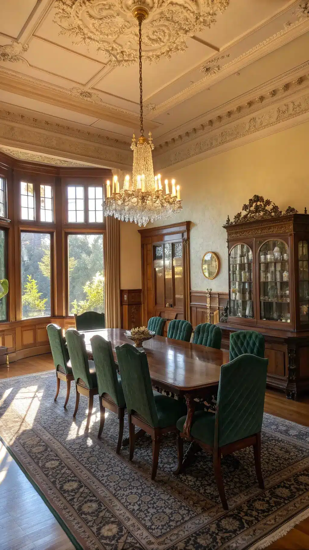 Sunlit Victorian dining room with tall bay windows, mahogany table, mismatched chairs, crystal chandelier, and decorative elements displayed in oak wainscoting and glass-front cabinet, capturing an elegant yet lived-in atmosphere.
