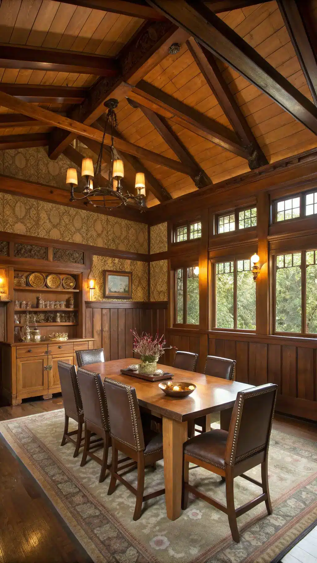 Sunlit Arts & Crafts dining room featuring wooden trusses, an oak table and chairs with leather upholstery, a built-in sideboard with copper vessels, William Morris wallpaper above oak wainscoting, and a handcrafted pottery collection, shot from a corner illustrating elaborate architectural lines.