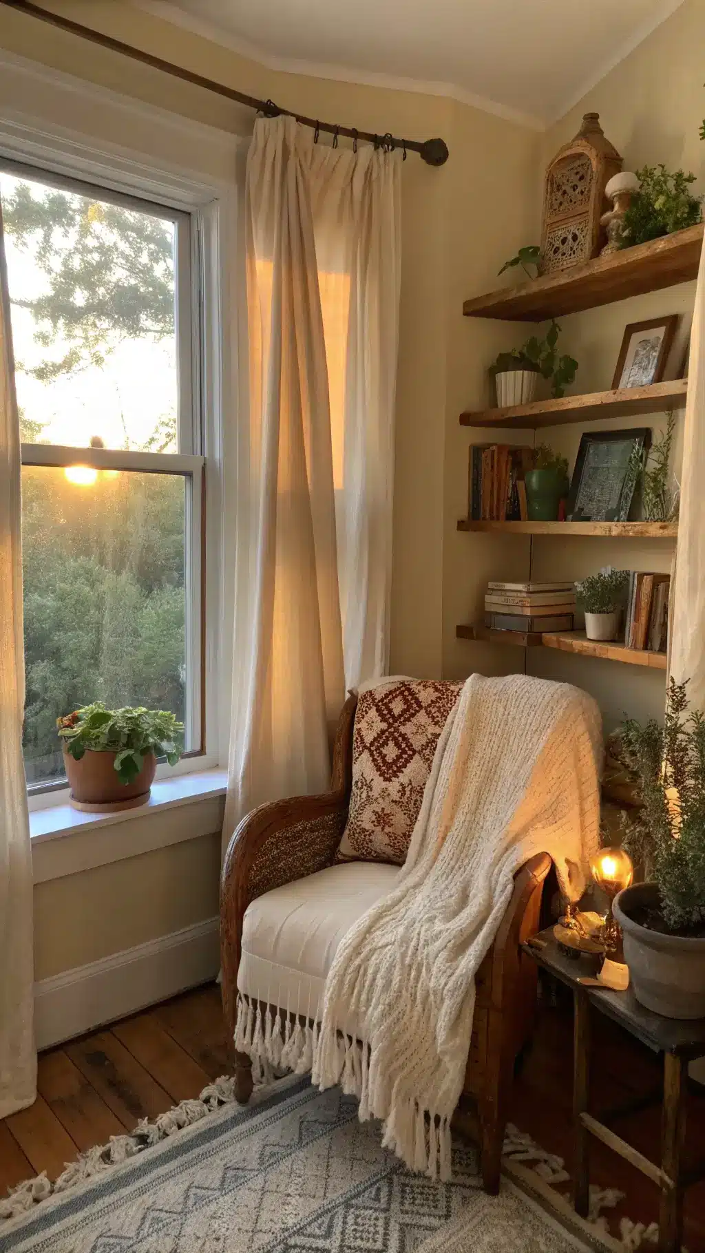 Golden hour view of a cozy 10'x8' reading nook with a bay window draped in worn linen curtains, vintage rattan chair draped with a handknit throw, and wooden shelves with ceramics and dried botanicals in a color palette of oatmeal, rust, and moss green. An ambient glow is created by a weathered copper reading lamp.