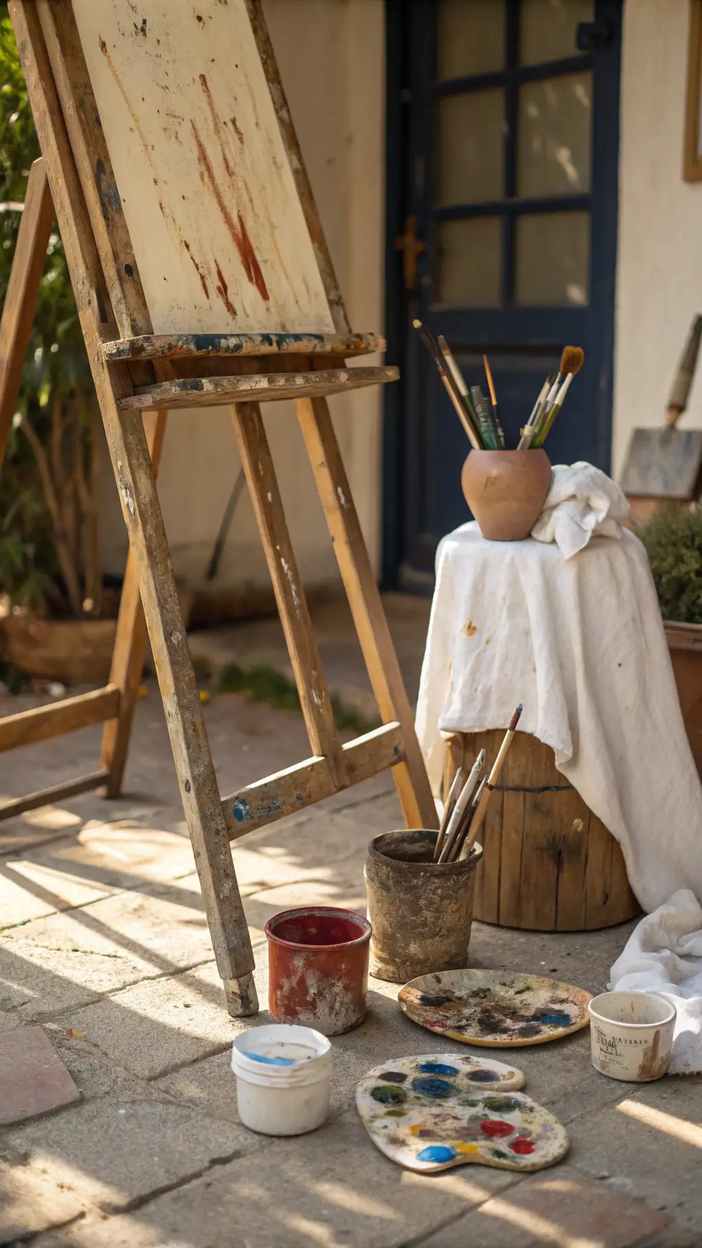 Vintage artist's corner bathed in afternoon light, featuring a paint-splattered easel, stained canvas drop cloth, worn clay pots with brushes, and a wooden stool streaked with paint.
