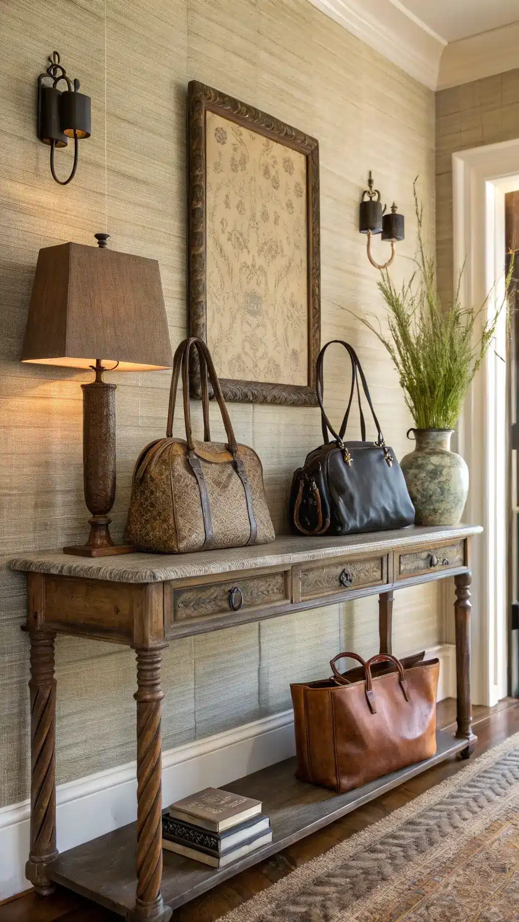 Vintage console table with worn leather bags hanging on iron hooks in a softly lit entryway, with textured grasscloth wallpaper in natural colors.