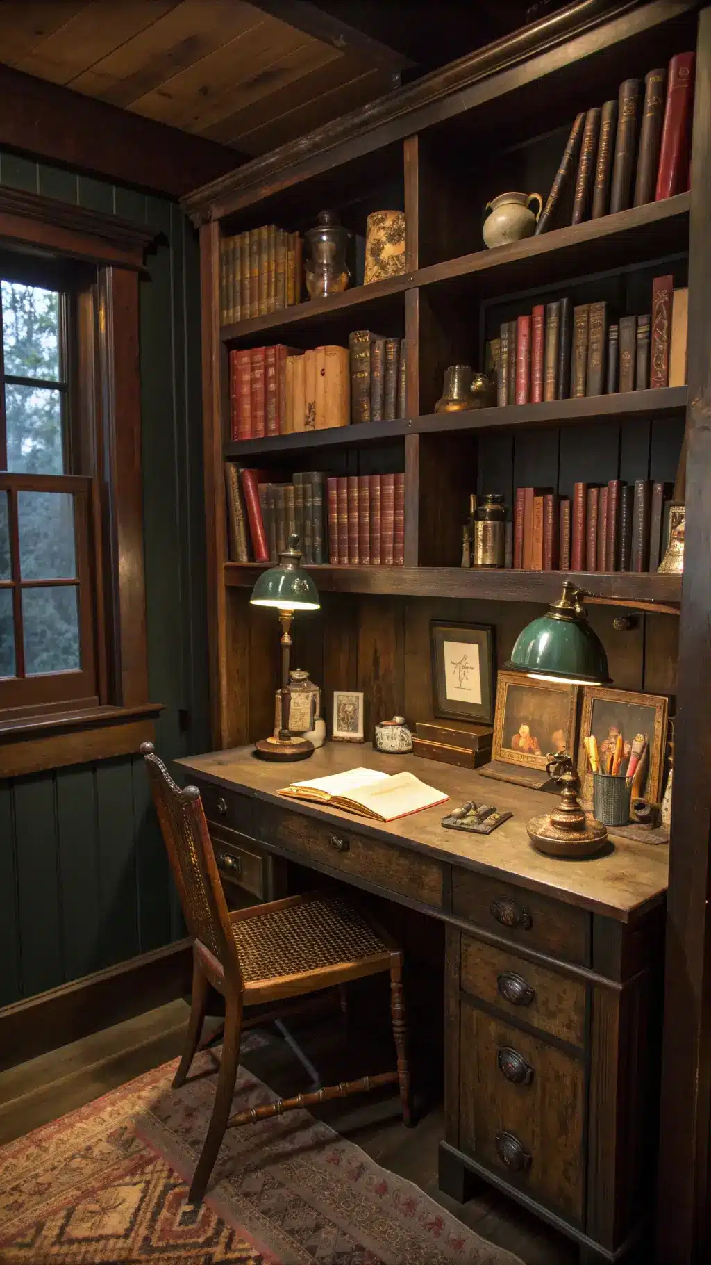 A warm, intimate twilight shot of a vintage 8'x12' study corner featuring a well-used desk, a built-in bookshelf filled with weathered books and miscellaneous items, and hand-thrown ceramic pen holders. The space utilizes a color palette of aged paper, dark woods, and oxidized metals, all under cozy task lighting. Picture is taken from a seated position with a 35mm lens, capturing a lived-in ambiance.