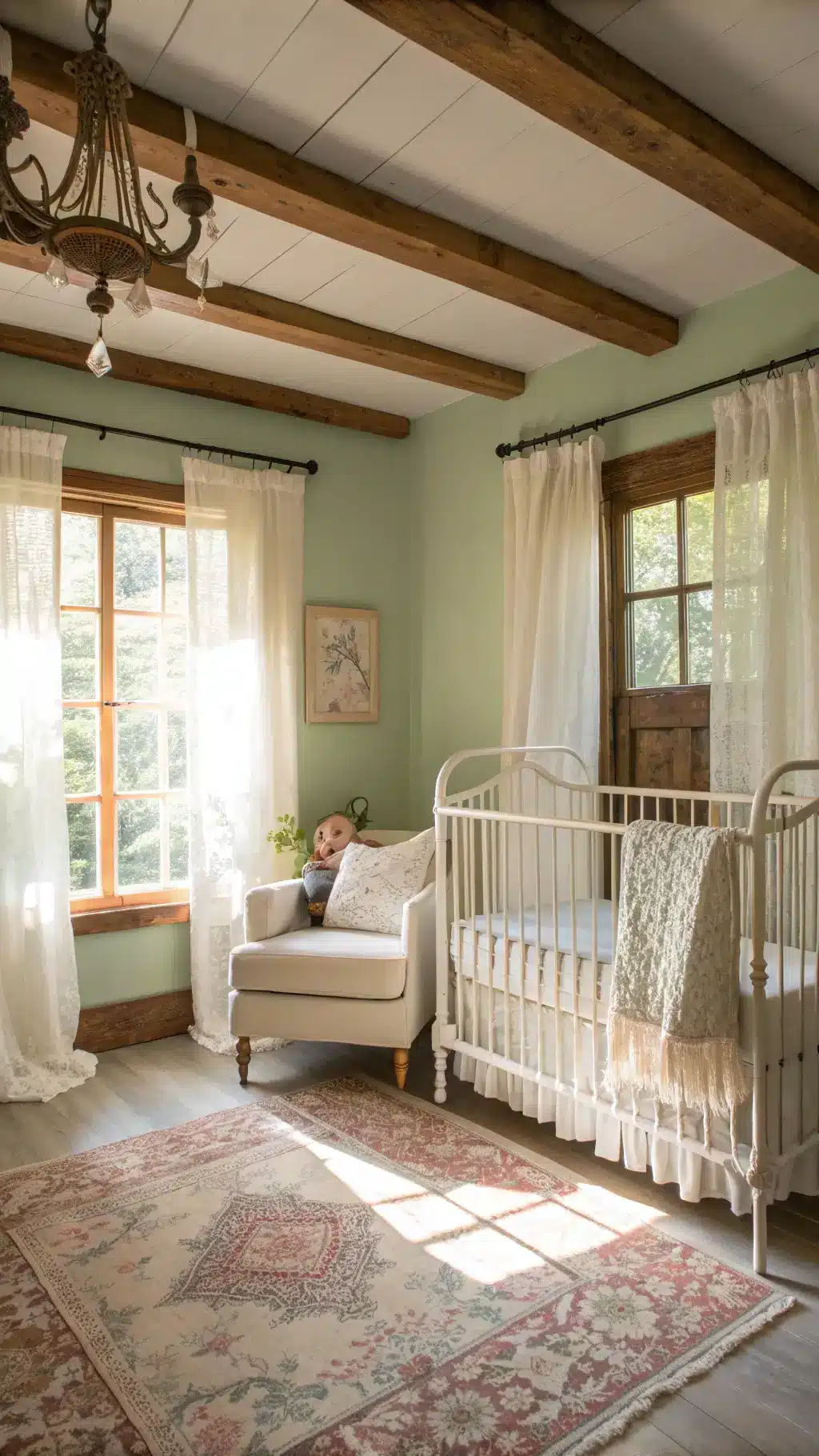 Vintage nursery with white iron crib, sage green walls, and oak rocking chair in warm golden hour lighting.