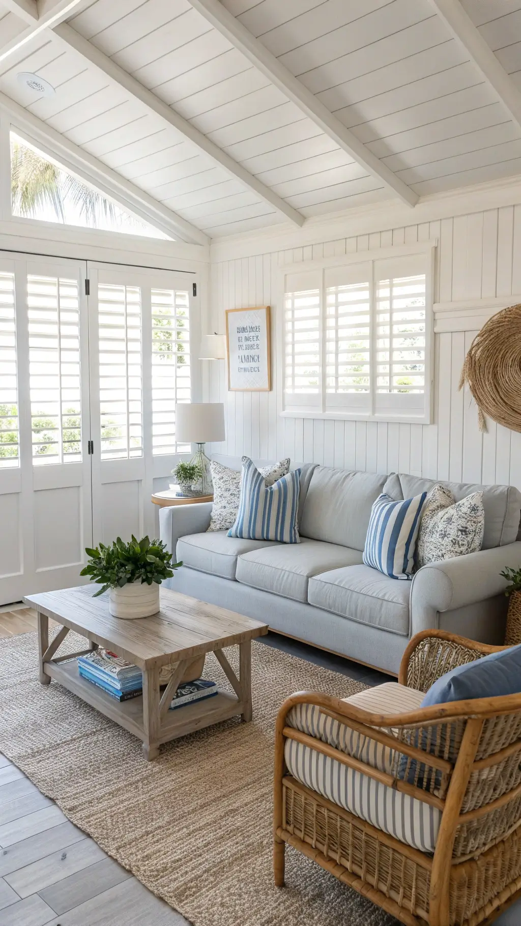 Bright, airy coastal casual living room featuring light grey sofa, natural rattan chairs, white board and batten walls, plantation shutters, blue and white striped pillows, seagrass rug, and a whitewashed wood coffee table.