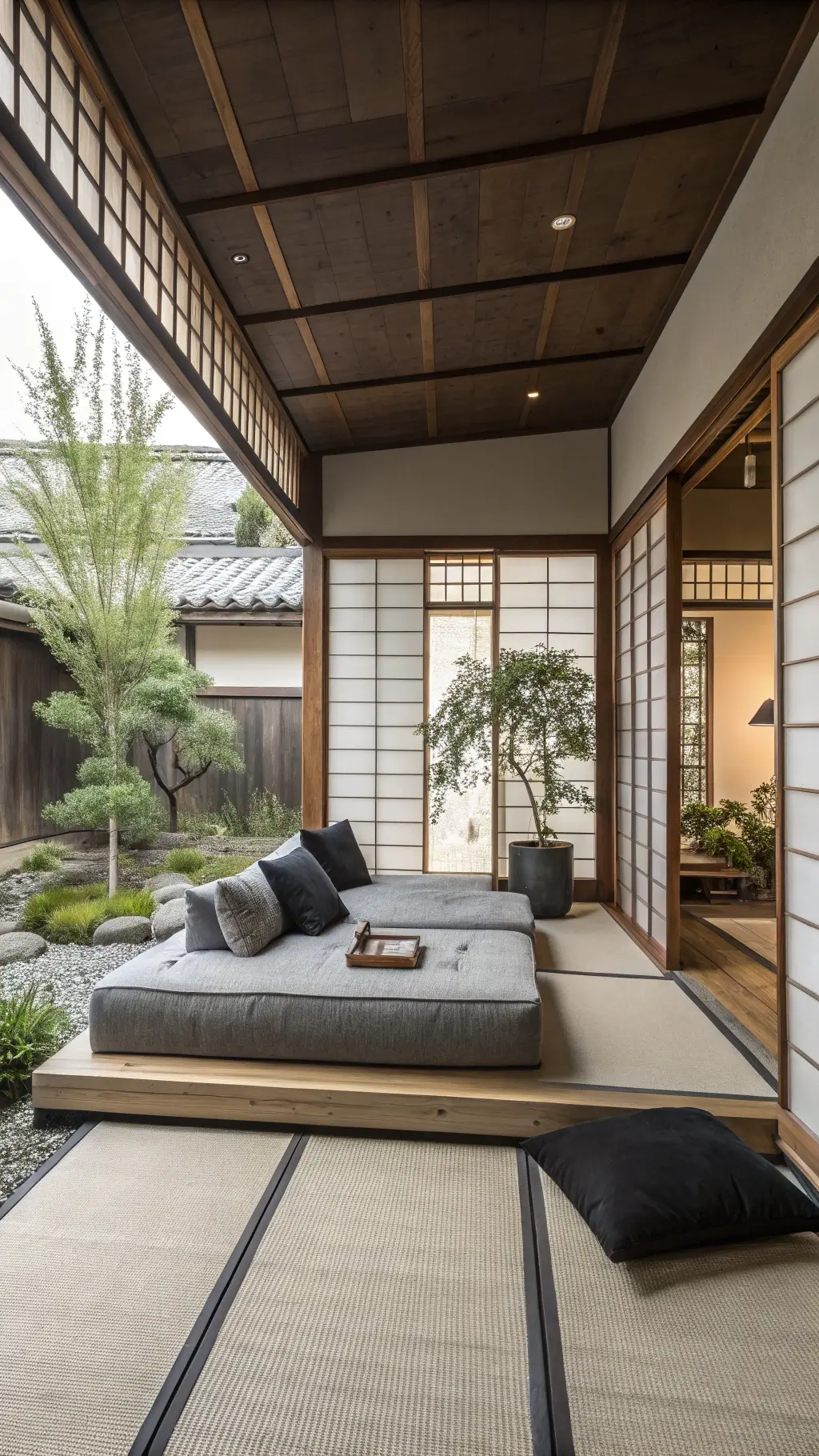 Low angle view of a minimalist Japanese space featuring a grey low-profile sofa on a platform, surrounded by potted bamboo, black zabuton cushions, natural linen pillows, and tatami mating, with afternoon light diffusing through sliding paper screens.