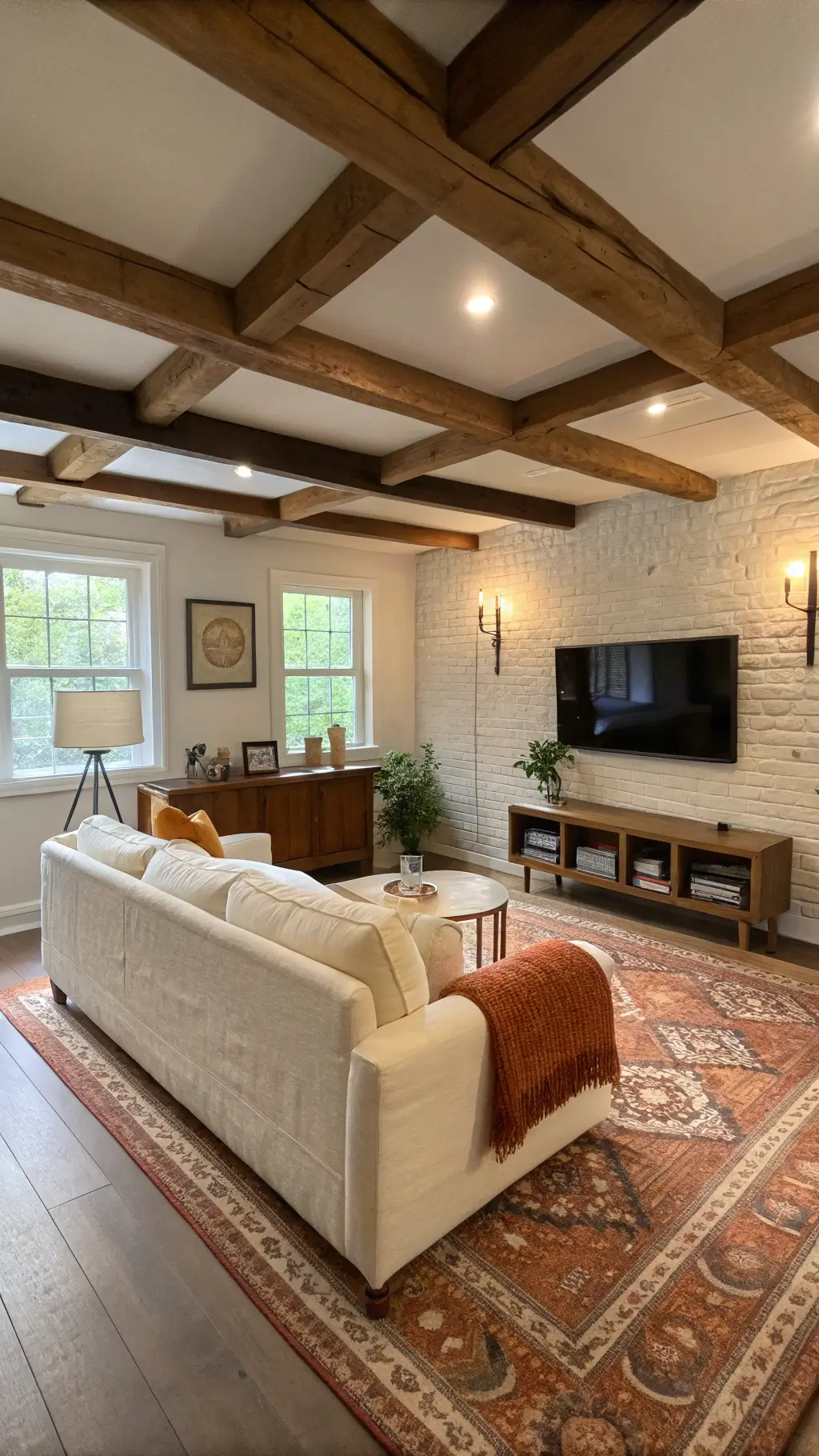 Spacious basement living room with cream sectional sofa, Persian rug, whitewashed brick wall with mounted TV over fireplace, and natural lighting from egress windows.