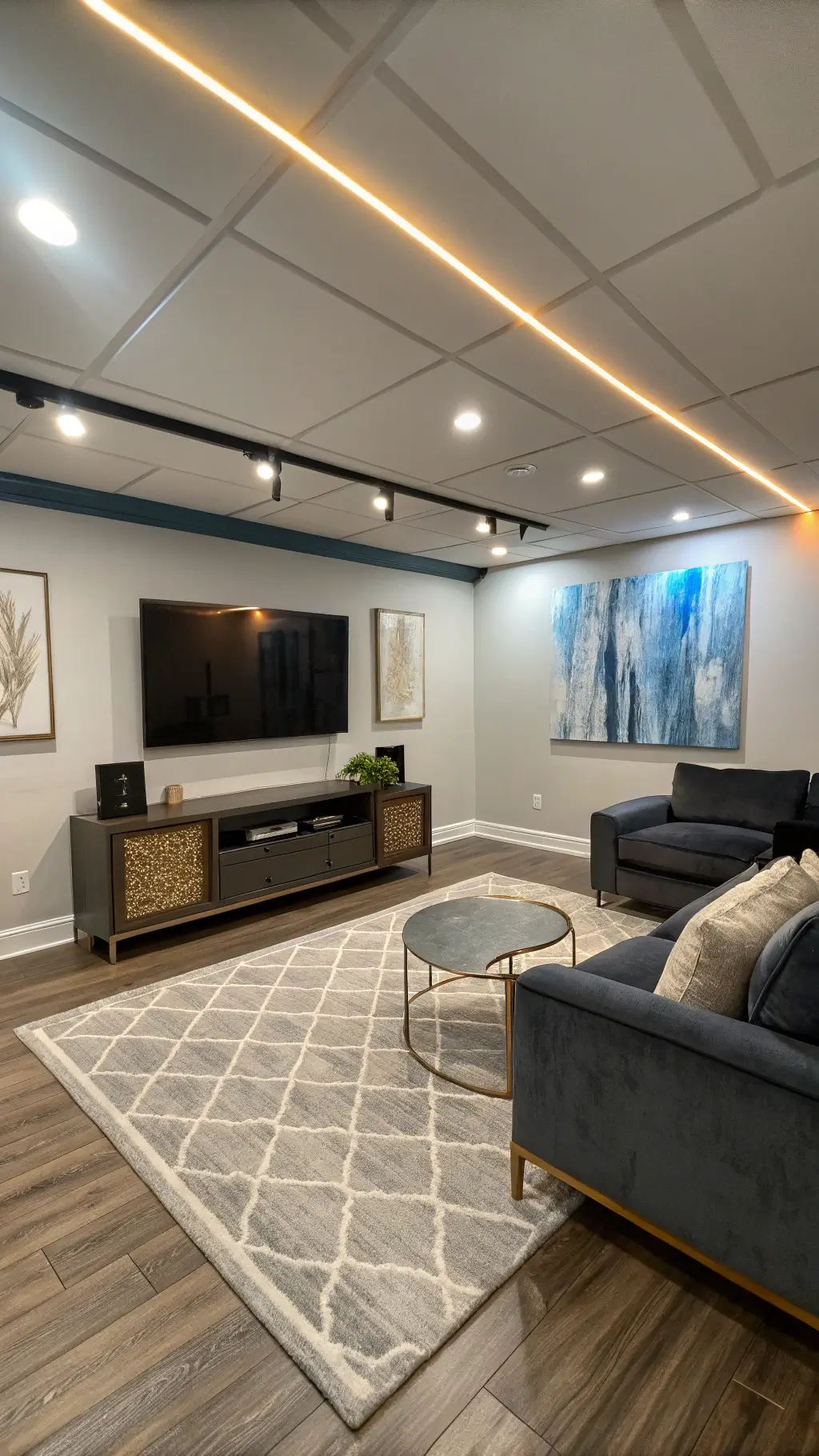 Modern basement retreat highlighted by warm LED lighting, featuring a charcoal velvet sofa, abstract canvas art, brass tables, and a geometric cream and sage rug on hardwood floors