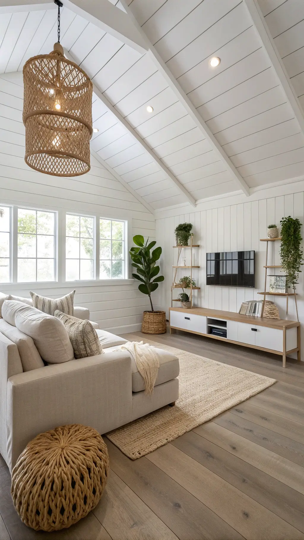 Scandinavian minimalist basement with white shiplap walls, oak flooring, floor-to-ceiling mirrors, oatmeal bouclé fabric sectional, rattan pendant lamps, potted fiddle leaf fig, and built-in floating shelves, shot from a 45-degree angle with diffused lighting.