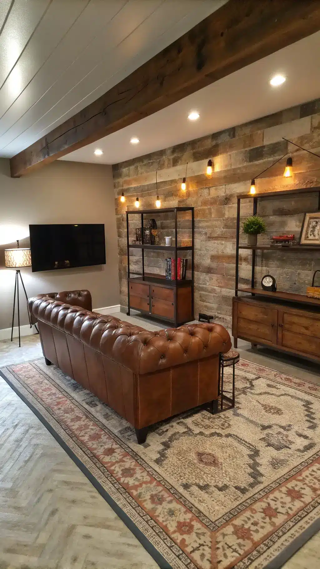 375sqft rustic modern basement living area with barn wood accent wall, floating steel shelves, vintage kilim rugs on stone-look flooring, leather sofa, metal side tables, and Edison bulb floor lamps