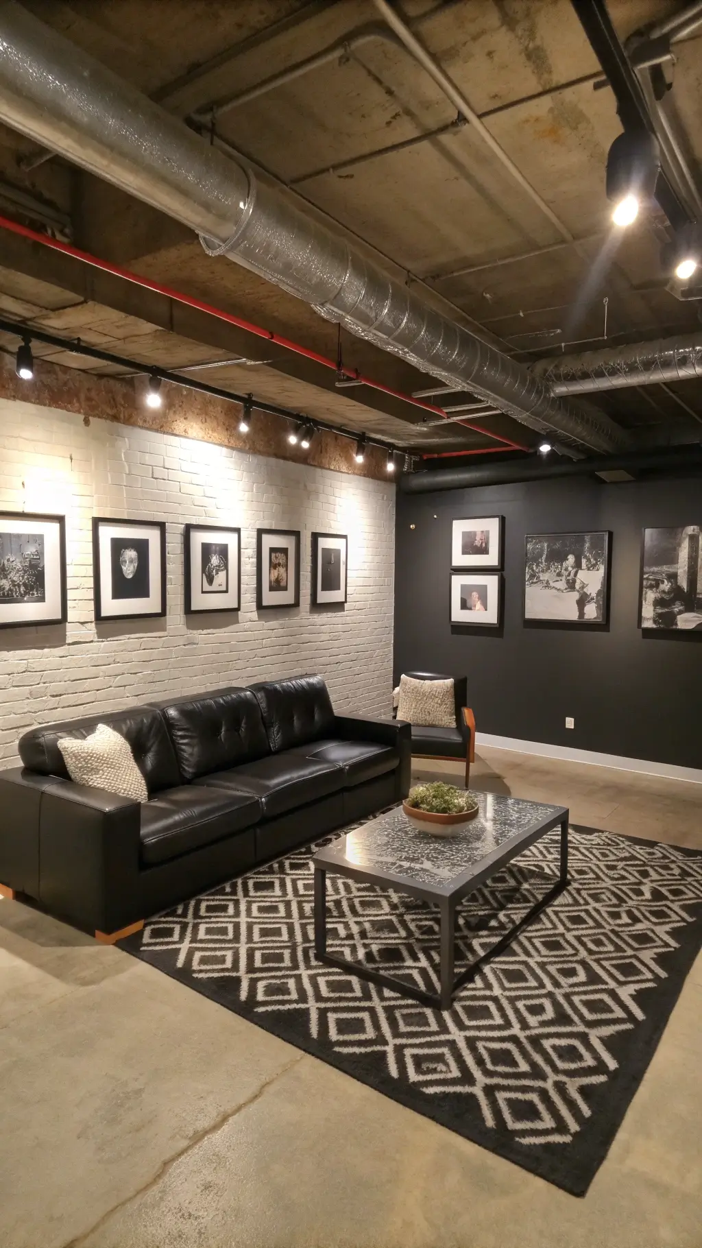Open-concept 425sqft basement loft featuring industrial-style matte black ceiling with exposed ductwork, polished concrete floors with geometric black and ivory rug, low-profile leather sectional with glass coffee table, gallery wall with black and white photography, and targeted LED spotlights.