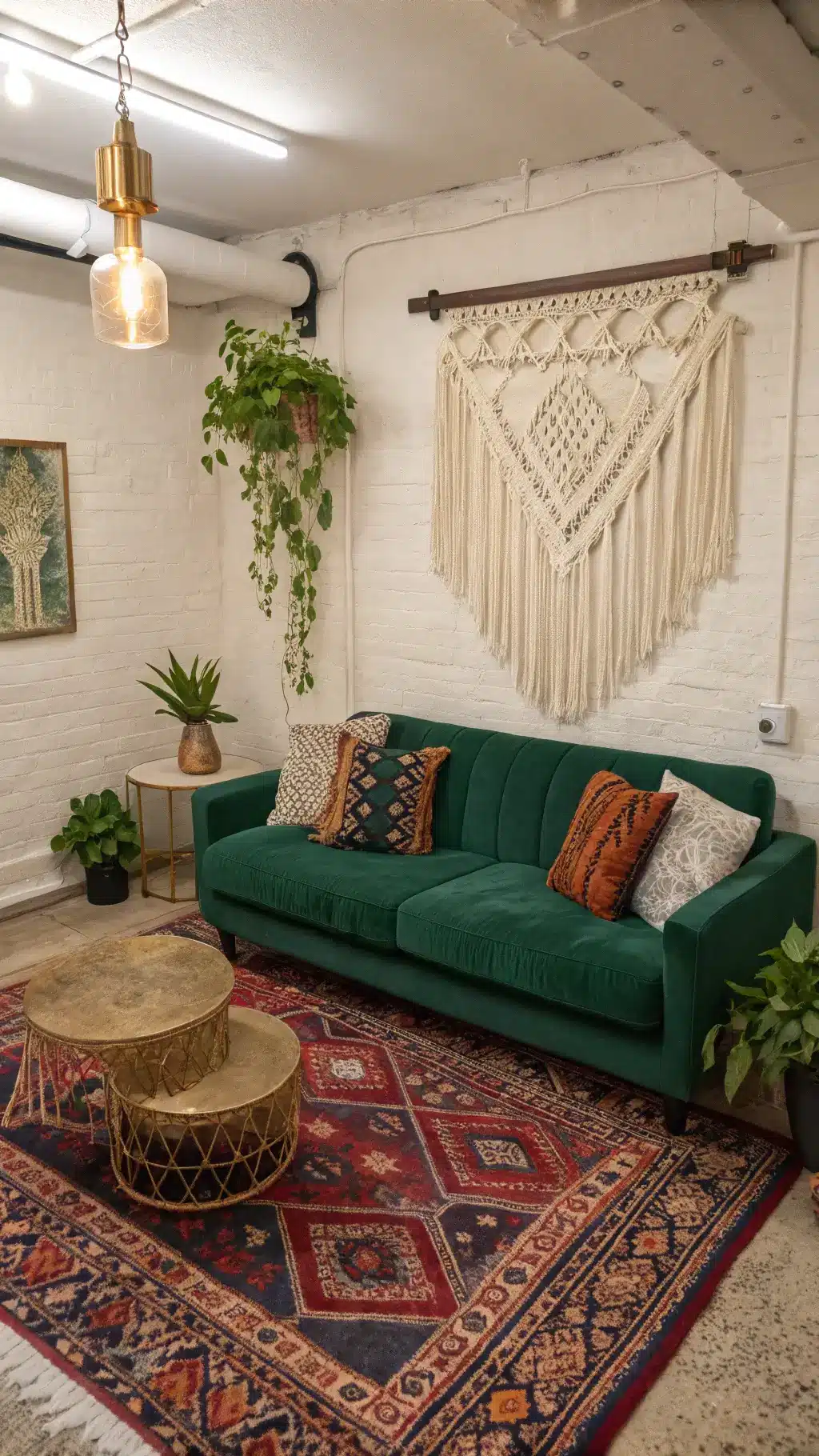 Bohemian-style basement with ivory walls, macramé wall hanging, jewel-toned Persian and Moroccan rugs, vintage velvet green sofa, brass tables, floor cushions, hanging plants, and rattan pendant light casting intricate shadows.
