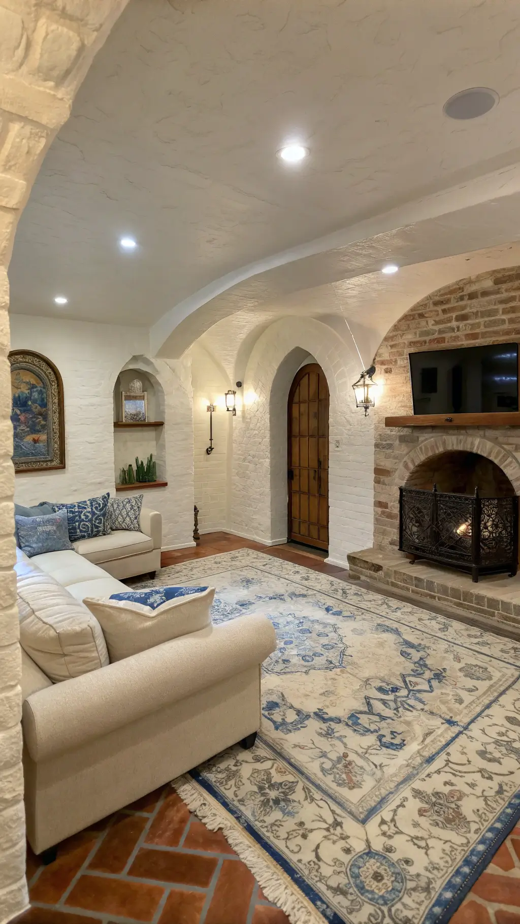 Mediterranean-style basement retreat with Venetian plaster walls, terracotta tile flooring, blue and cream vintage rug, linen sectional, and whitewashed fireplace, illuminated by LED uplighting.