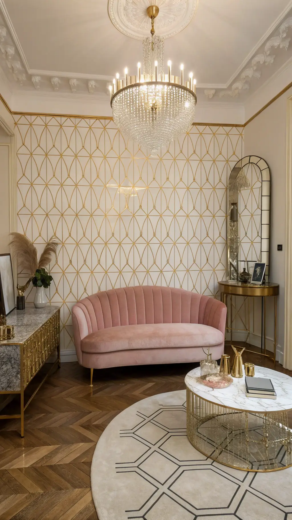 Art Deco styled room with cream and gold geometric wallpaper, blush pink velvet sofa, brass and marble side tables, crystal chandelier, herringbone wood floors, silk accent rug, and mirror-backed bar cart