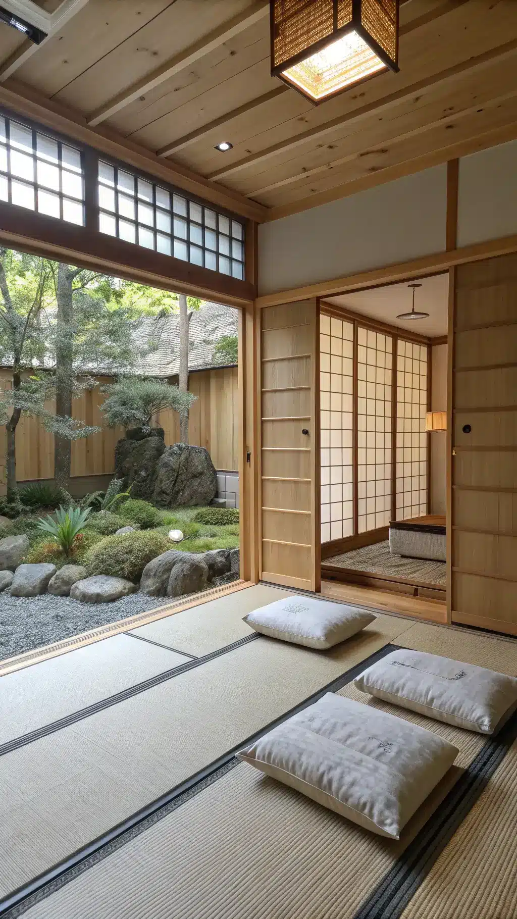 Zen-style Japanese basement featuring light oak paneled walls, shoji screen room divider, bamboo roman shades, a water element in a stone garden feature, and tatami mat flooring with a minimalist layout.