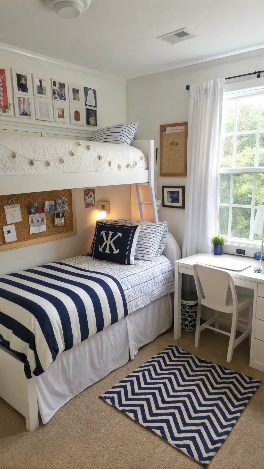 Overhead view of a 14x16ft dorm room decorated in bright colors, showing an elevated Twin XL bed with navy and white striped bedding, a white desk with a Lucite chair, a cork board with preppy prints, and white drapes with Greek key trim, bathed in strong natural light.