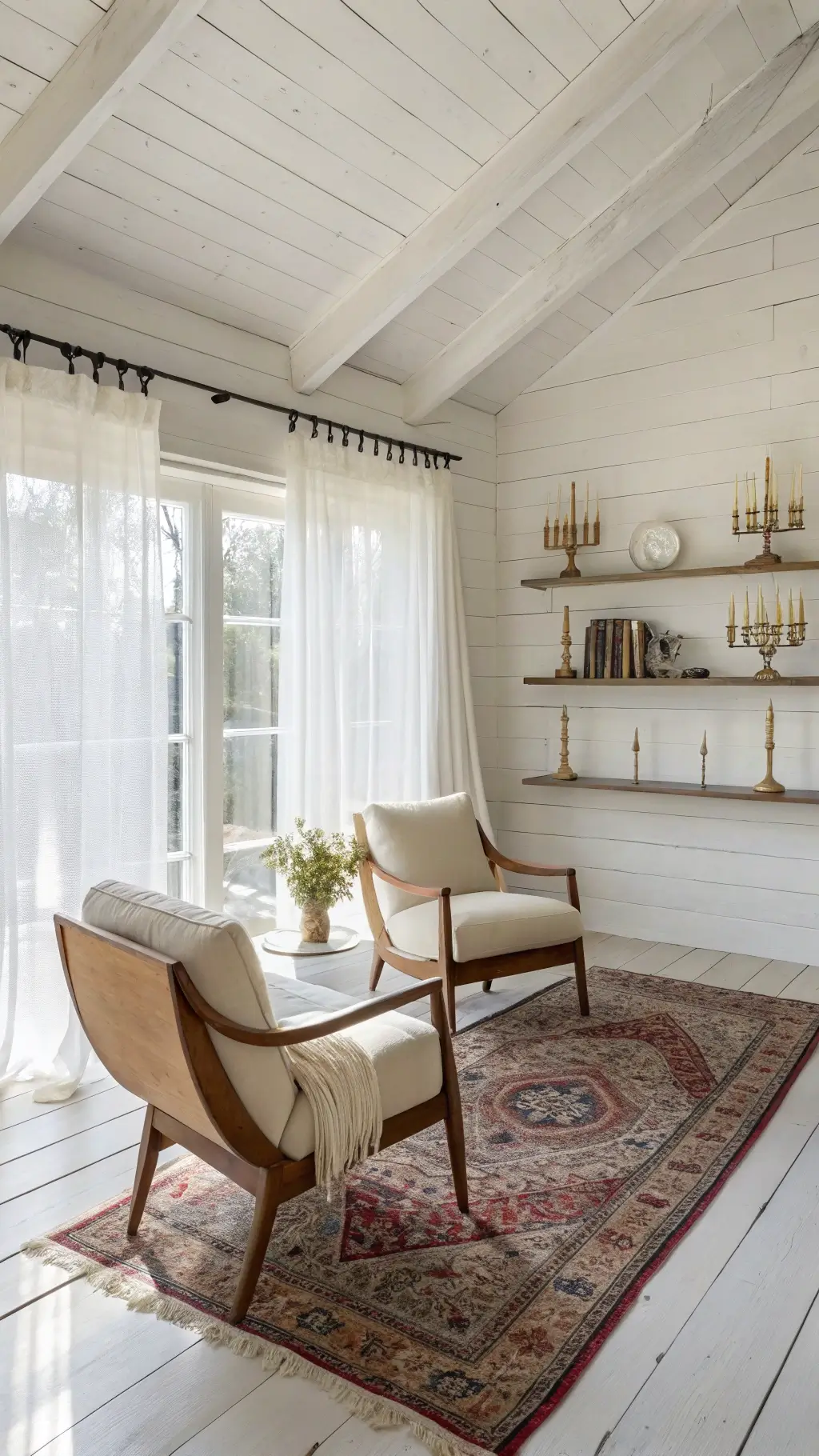 Scandinavian-vintage blend room with whitewashed plank walls, mid-century teak armchairs with sheepskin throws, a vintage Persian rug, and brass candlesticks on floating shelves, illuminated by bright midday light.