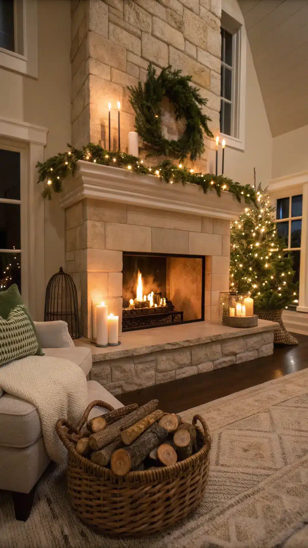 Eye-level view of a limestone fireplace with glowing hearth, topped with garland, candles, and ornaments, next to a basket of logs and a steaming copper kettle. Partial view of a leather armchair with cream throw and green velvet pillow in the foreground. Lit by firelight and string lights in a tranquil, texturally contrasting setting.