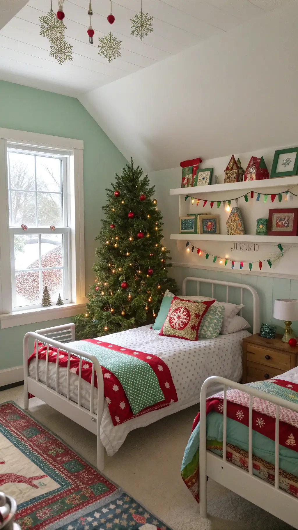 A children's Christmas-themed bedroom with twin beds, a small decorated tree, floating shelves with mini lighted village, paper snowflakes hanging from the ceiling, vintage toy chest with presents, hand-knit stockings, and walls adorned with multicolored string lights.