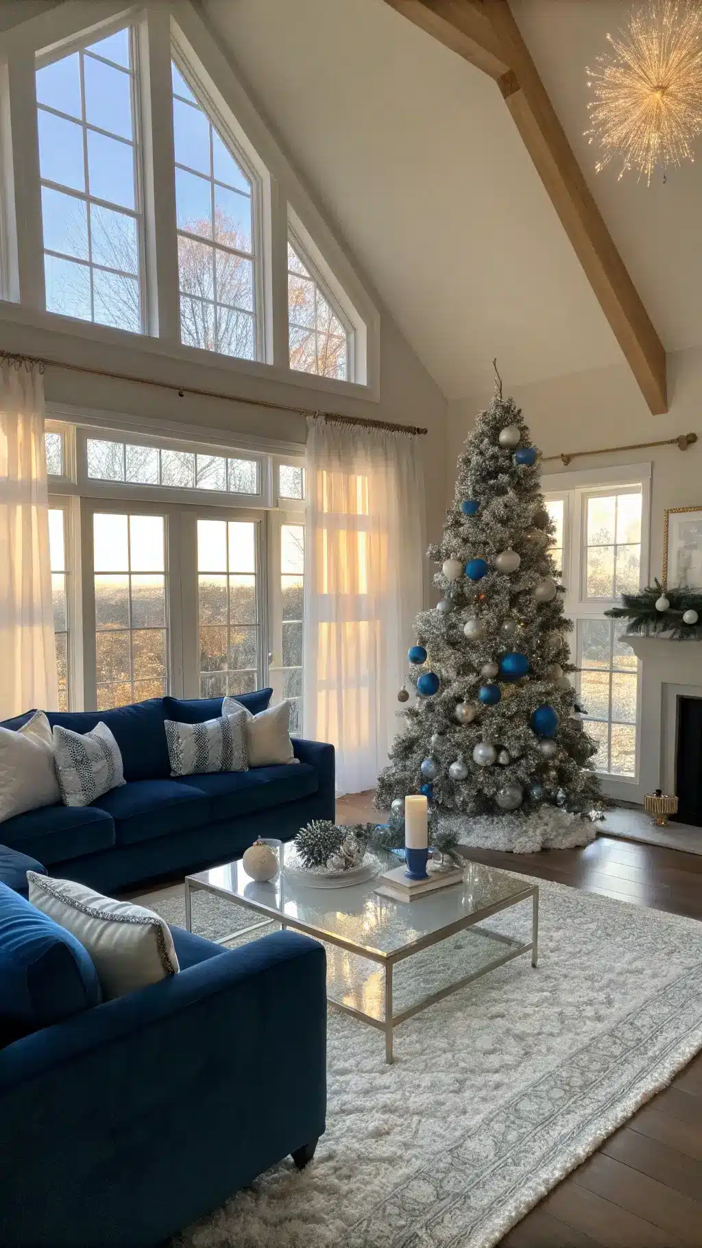 Sunlit living room with vaulted ceiling, large windows with sheer white curtains, a 9ft blue and silver decorated Christmas tree in the corner, a plush navy velvet sofa with throw pillows, white shag rug, glass coffee table with ornaments, and a mantel with silver candle holders.