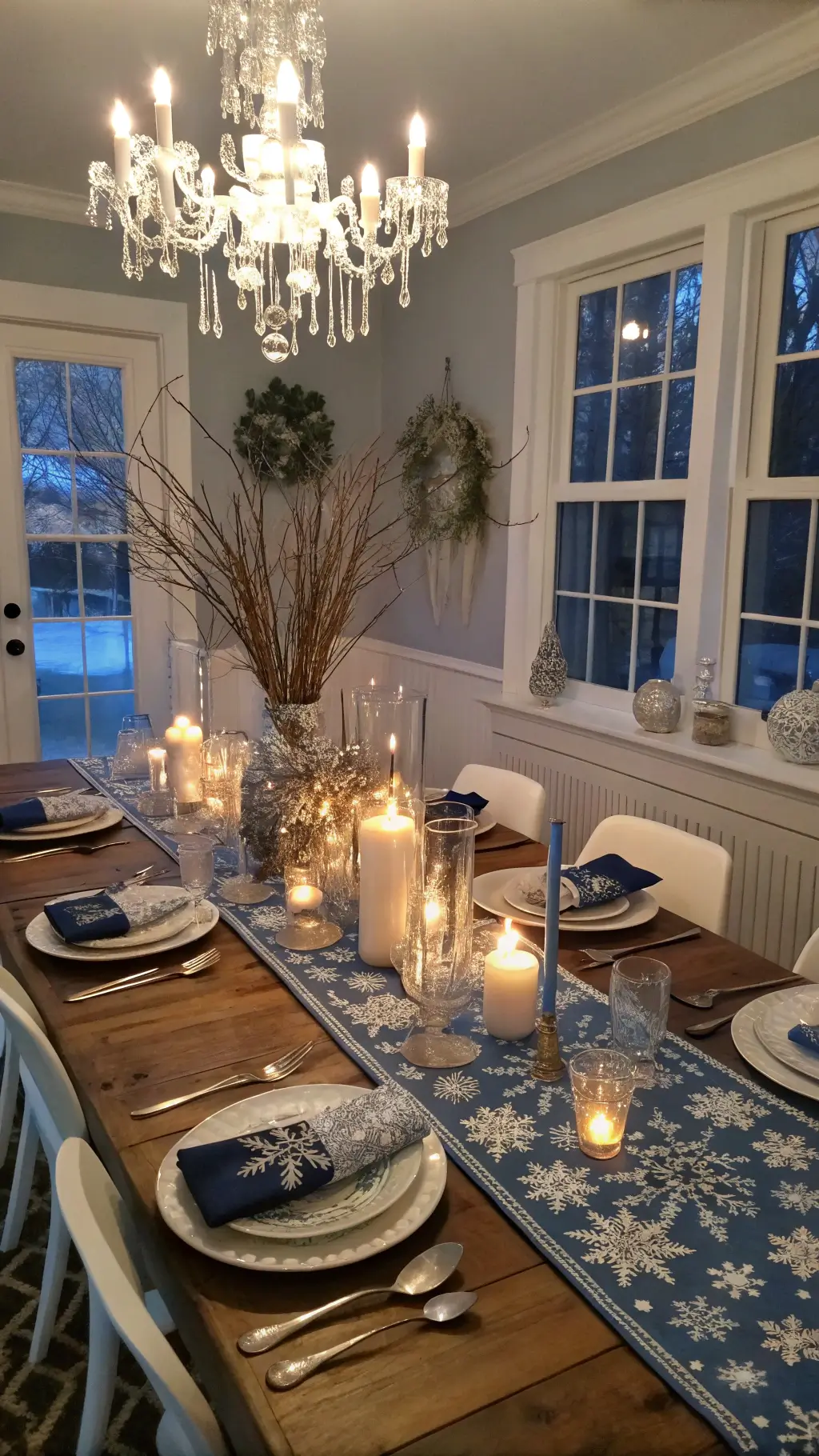 Dining room at twilight with long table, soft chandelier lighting, blue and white snowflake table runner, white dinnerware on silver plates, blue napkins in silver rings, white branch centerpiece in vase with blue glass candles, and pale blue-gray painted walls with white wainscoting.